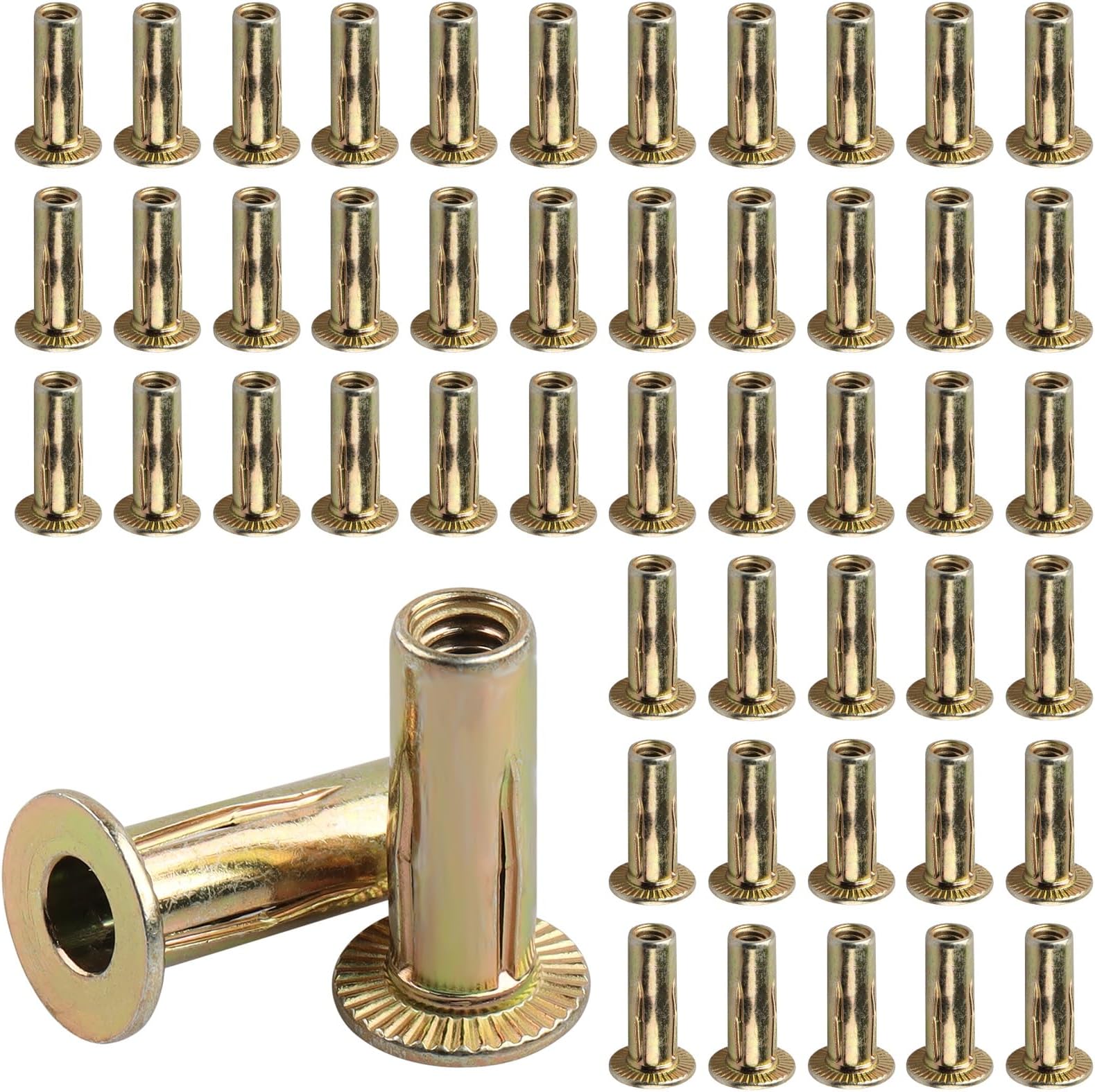 50 Pcs Multi Grip Rivet Nut Kit, 1/4-20 Rivet Nuts Carbon Steel Pre-Bulbed Shank Color-Zinc-Plated Flat Head Threaded Insert Nut