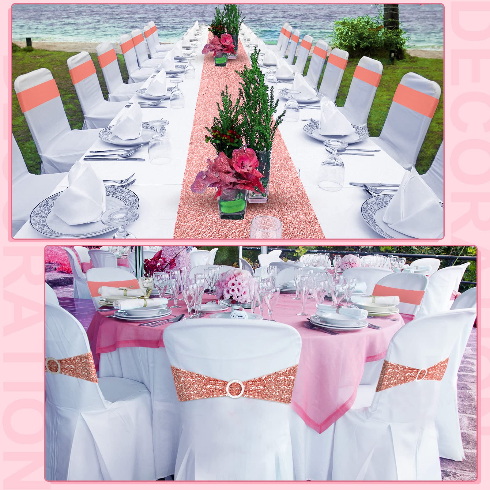 Chair Covers and Sequin Chair Sashes Set, Spandex Stretch Chair Slipcovers with Shiny Sparkly Chair Bands Bows for Wedding Party Banquet Dining Chair Decor (White, Rose Gold, 40 Pcs)