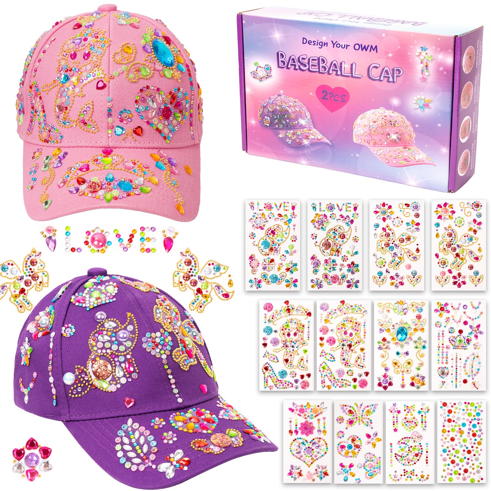 CIMOYBAI Regalos para niñas DIY gorra de béisbol, 2 piezas de vuelta a la escuela de béisbol con pegatinas joya gorra, las niñas de Navidad regalos de cumpleaños de vuelta a la escuela regalos 4-12 años