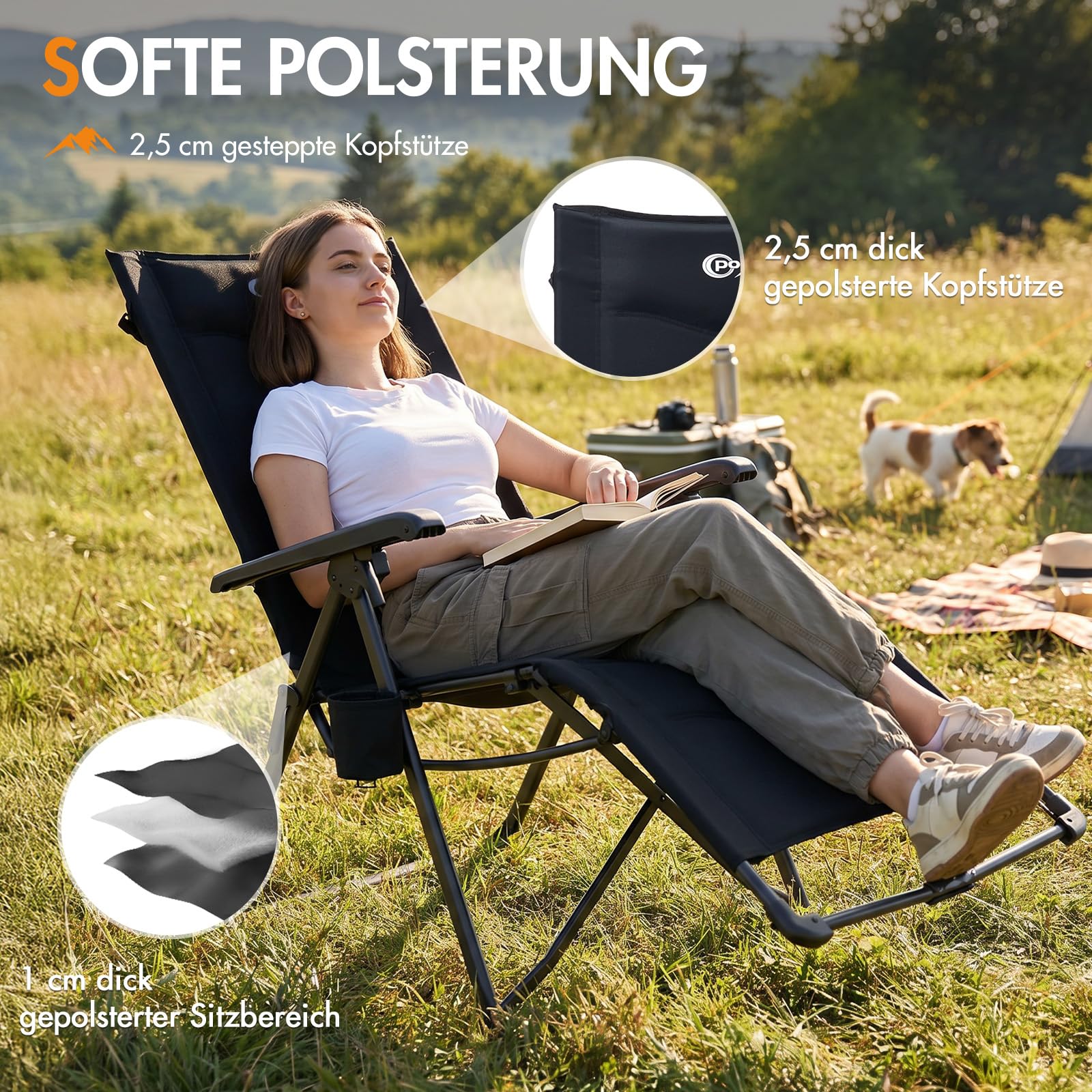 Portal Liegestuhl Klappbar Garten Campingstuhl Faltbar mit Fußablage 180KG Klappliege mit Zero-Gravity-Funktion Sonnenliege im Bündel-Falt-Design verstellbare Liege für Terrasse Strand Indoor