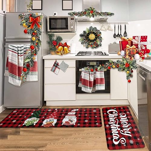 Miniatura 2 de Juego de 2 alfombras y tapetes de cocina con texto en inglés "Merry Christmas", antideslizantes, absorbentes, con diseño de gnomo de nieve, para
