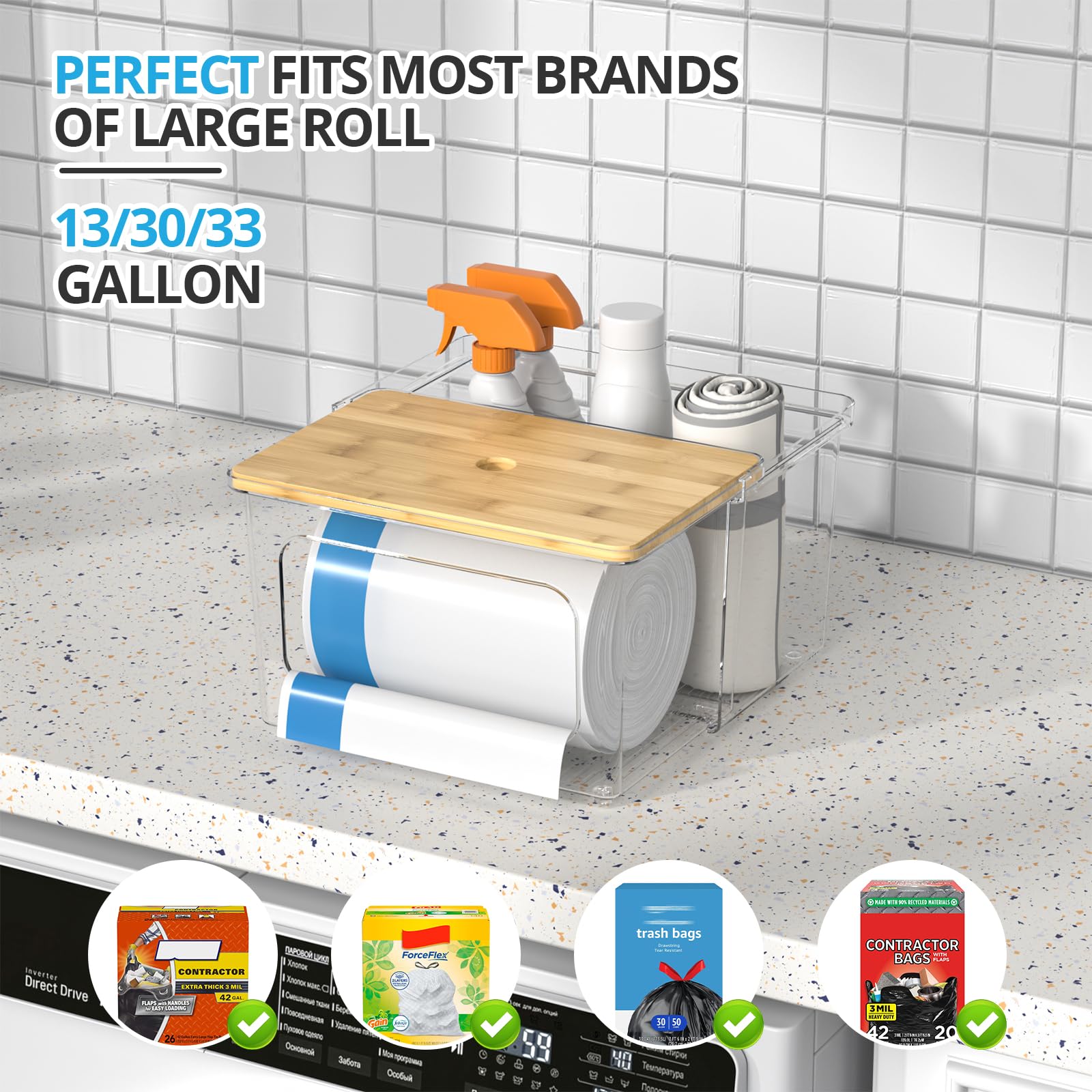 Dispensador de bolsas de basura, dispensador de bolsas de basura transparente con tapa de bambú y caja de cajón deslizante, soporte para bolsas de basura para cocina, debajo del fregadero