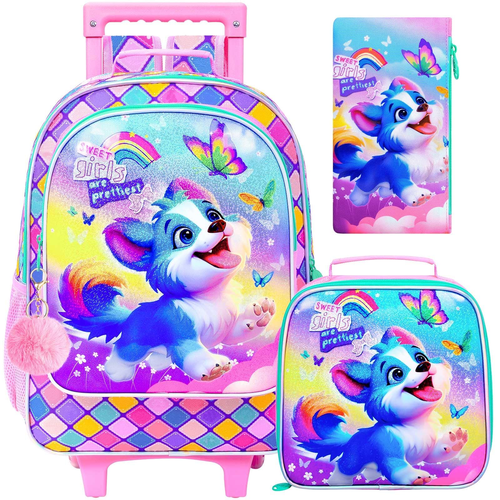 UFNDC 4PCS Rolling Bookbag for Girls, Cute Kids Dog Wheeled Backpack，Roller School Bag with Wheels for Elementary Preschool Travel