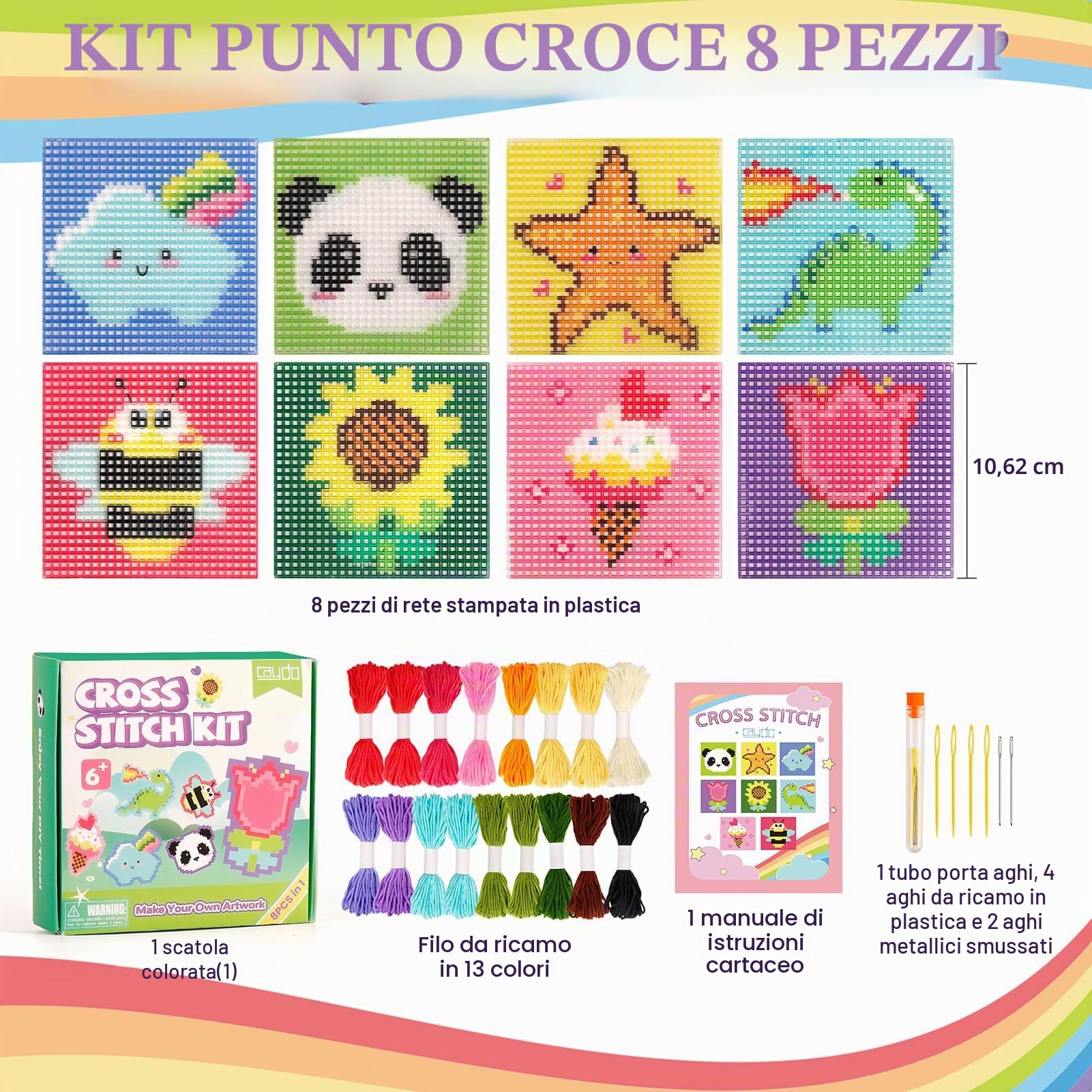 Caydo kit punto croce 8-in-1 per principianti bambini, include 8 tele in plastica con pre-pattern, 13 colori di fili, istruzioni, aghi da ricamo per principianti cucito