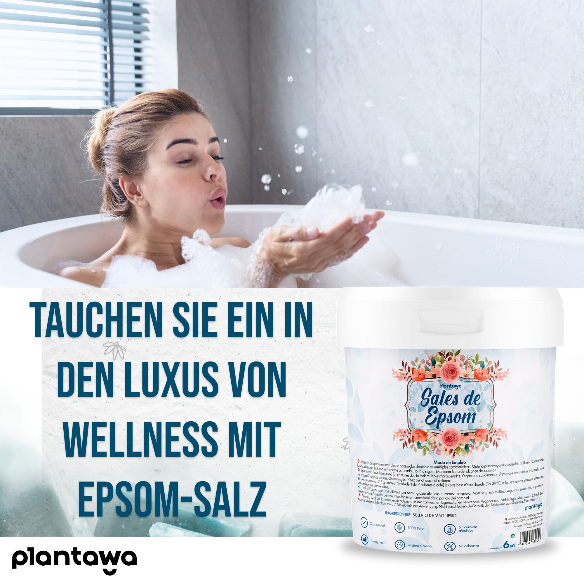 PLANTAWA Epsom Salz 6KG | Reines Magnesiumsulfat Badesalz | Schäumendes Magnesium Bad für Muskelentspannung | Natürliche Aromatherapie für Erholsamen Schlaf | Ohne Zusatzstoffe und 100% Natürlich