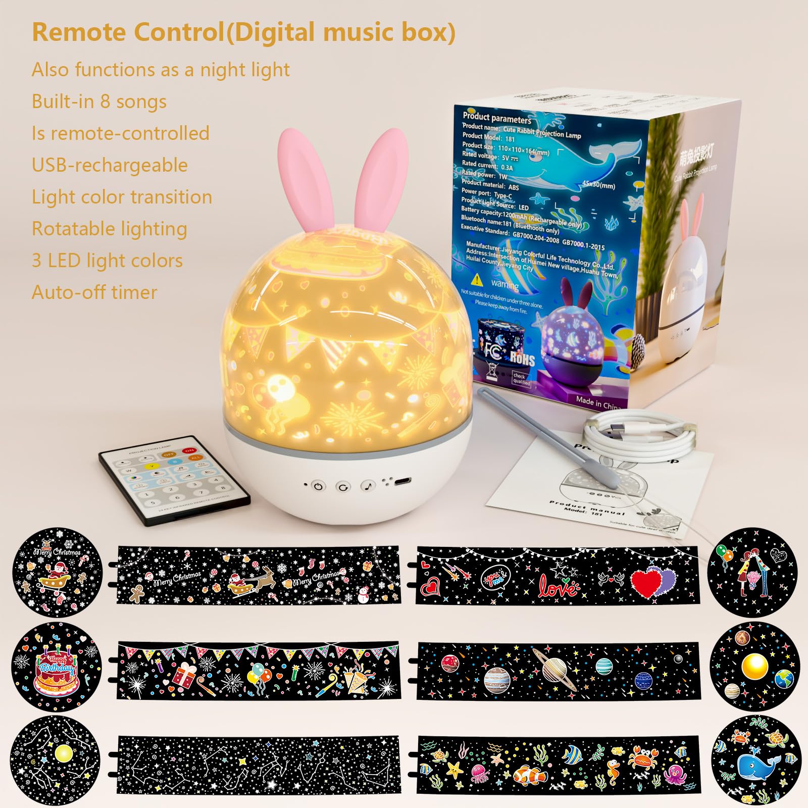 Colorful Life Proyector de estrellas de conejo, luz nocturna para habitación de niños con control remoto, 8 música y 6 películas, lámpara LED giratoria (blanco, cálido, azul hielo, modelo de ocho