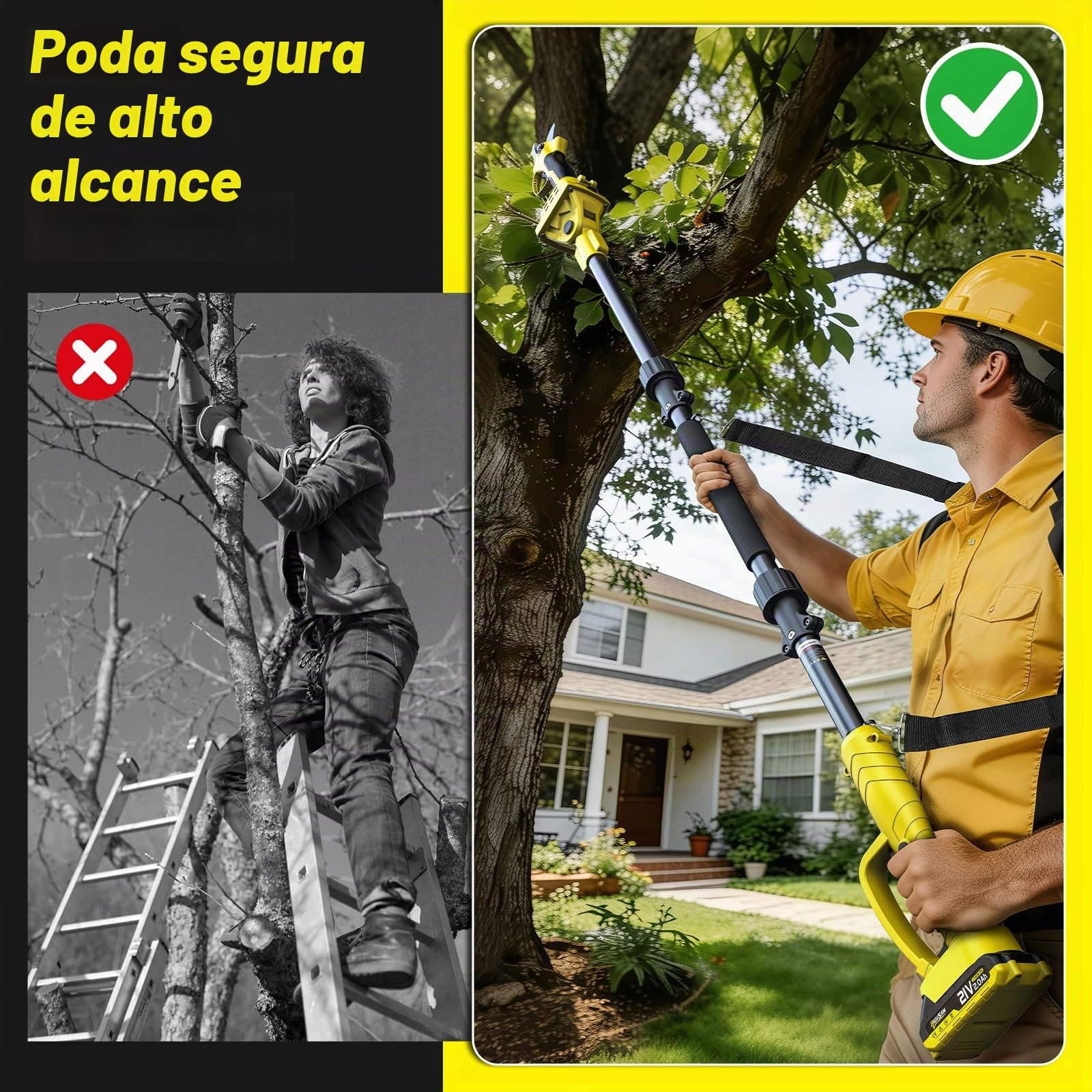 2 en 1 Tijeras de podar a batería telescópicas, compatibles Makita 18V, alcance 4m, motor sin escobillas 1500W, 2×2.0Ah, corte 42mm, rotación 180°, para jardinería y poda de árboles (yel)