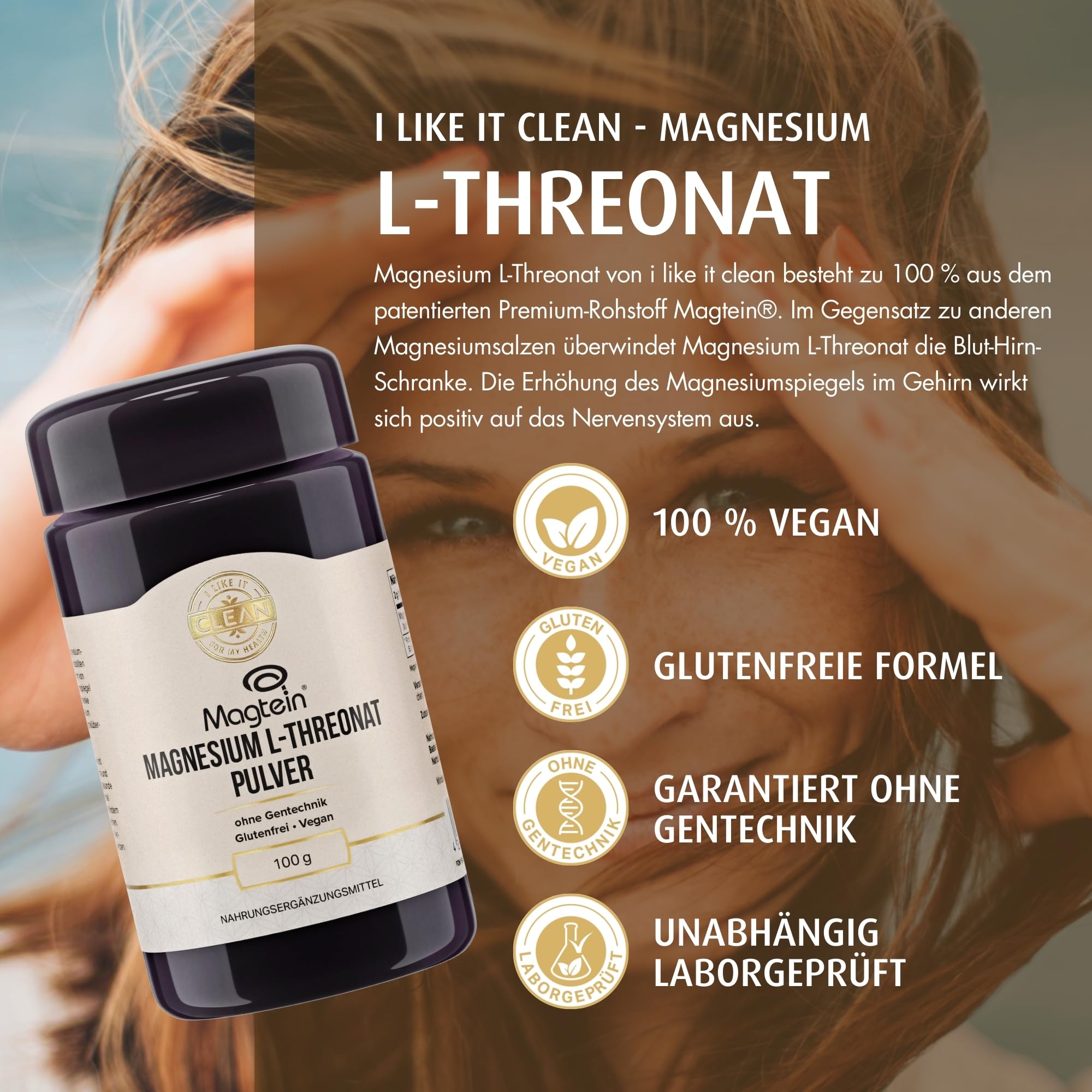 I-like-it-Clean® - Magtein® Magnesium L-Threonat Pulver - 100gr - klinisch geprüfter & patentierter Markenrohstoff (Magtein®) - vegan, reines Pulver ohne Zusatzstoffe, optimale Bioverfügbarkeit