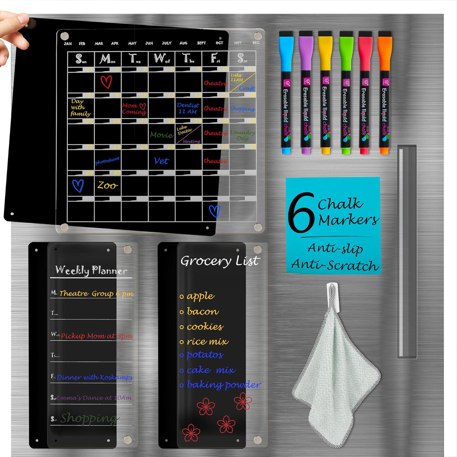 Magnetic Acrylic Fridge Calendar Set – 3-Pack Clear/Black Dry Erase Boards for Refrigerator – Weekly & Monthly Planner with 6 Chalk Markers, Anti-Scratch, Strong Magnets