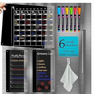 Magnetic Acrylic Fridge Calendar Set – 3-Pack Clear/Black Dry Erase Boards for Refrigerator – Weekly & Monthly Planner with 6 Chalk Markers, Anti-Scratch, Strong Magnets