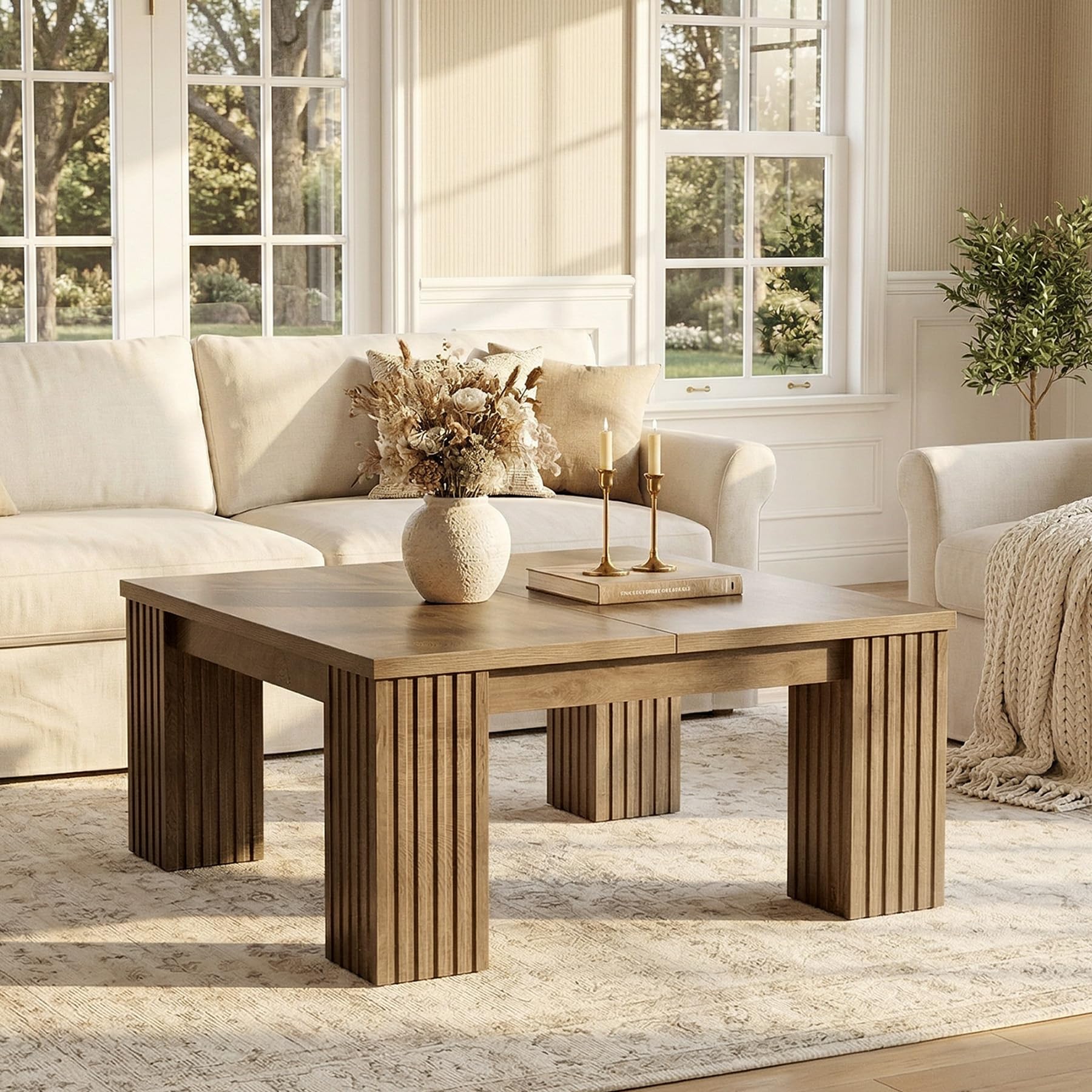 Tribesigns Quadratischer Couchtisch, 100cm Bauernhaus Holz Wohnzimmertisch mit geriffelten Beinen, Rustikaler großer Cocktailtisch für Wohnzimmer, Hellbraun, Stabiler Aufbau & Einfache Montage Küche, Haushalt & Wohnen