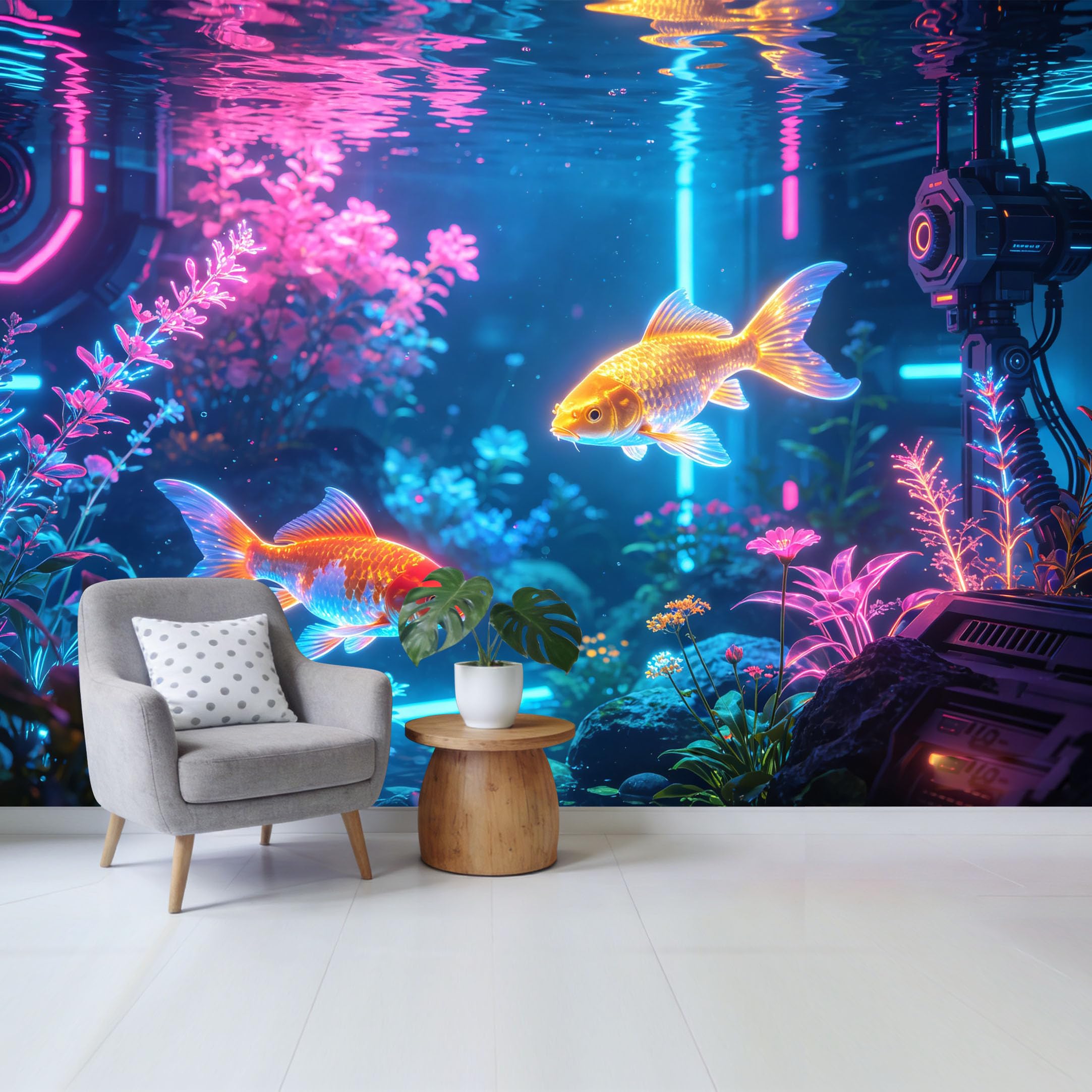 Qzlithotic Yq2605250809 Custom Size Wall Mural Neon Koi Fish Underwater World Cyberpunk Botanical Style Selfadhesive Wall Fabric Removable Wallpaper For Home Office Decor