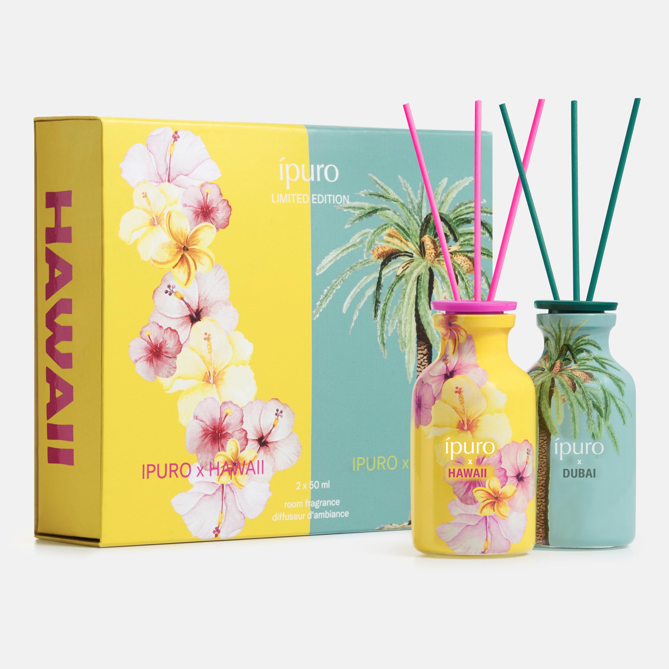 ipuro x Hawaii & Dubai Raumduft Set 2x50ml - Tropisch-orientalisches Duftset mit exotischen Früchten, Jasmin, Dattel & Sandelholz - Lufterfrischer Set für die Wohnung