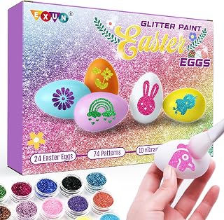 Exun Easter Egg Painting Kit, Arts and Crafts Set with Glitter and Stickers, 24 Eggs, Kids Ages 6-12