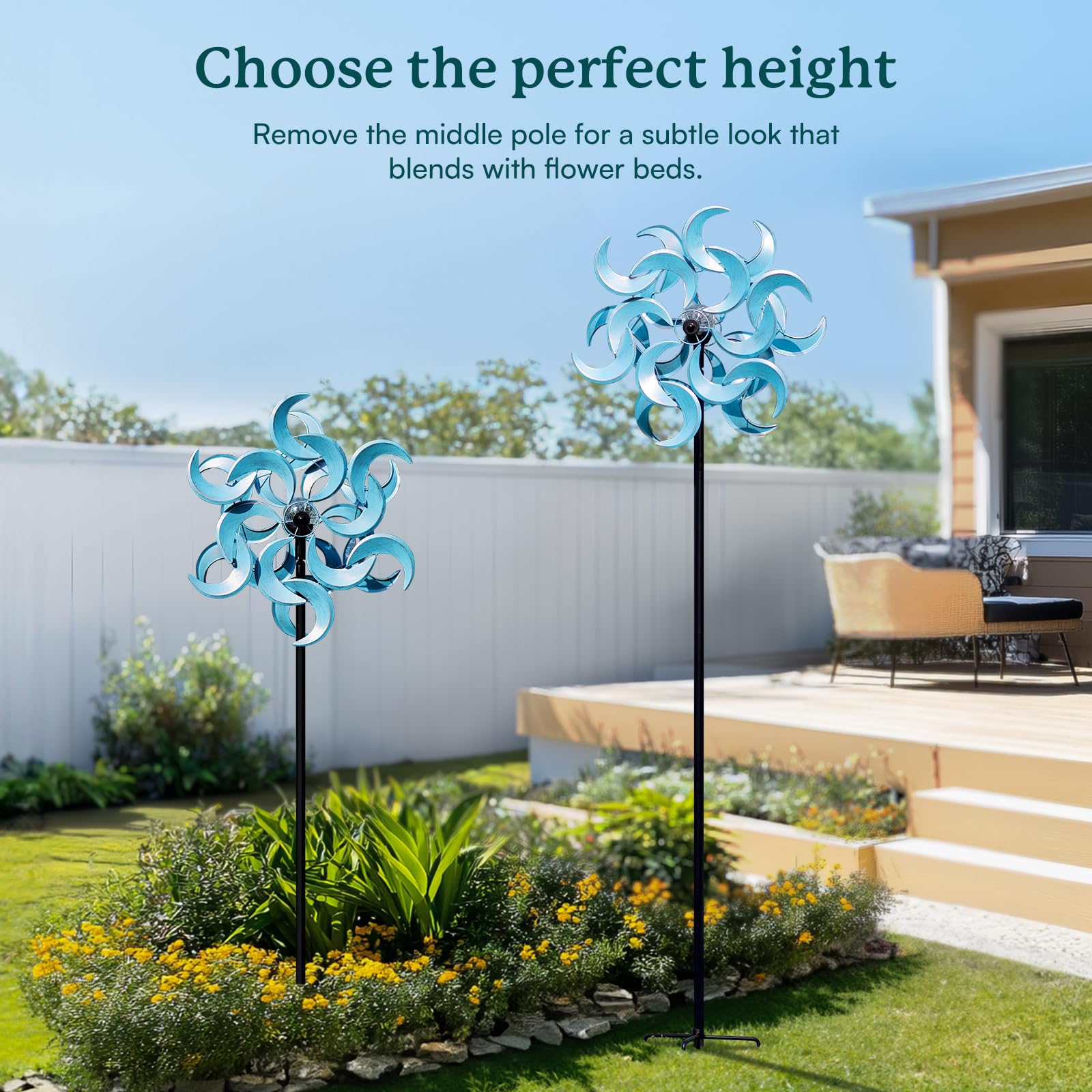 Girandola a vento da 221 cm, con luce solare, grande scultura a vento in metallo, decorazione per giardino, cortile, patio, prato, luna azzurra (58,4 cm di larghezza x 221 cm di altezza)
