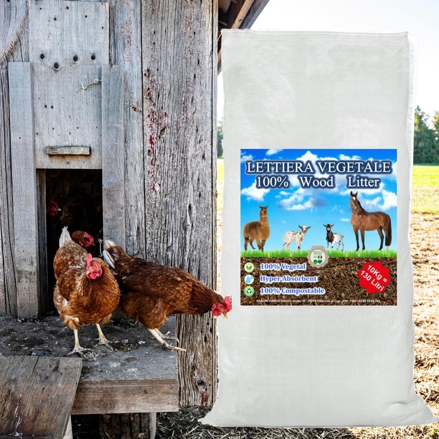 Wood Litter, Lettiera 100% vegetale per cavalli, animali da stalla e Avicoli a base di trucioli e fibra di cocco naturale e compostabile smaltibile nel WC super assorbente, antiodore(130 Litri)
