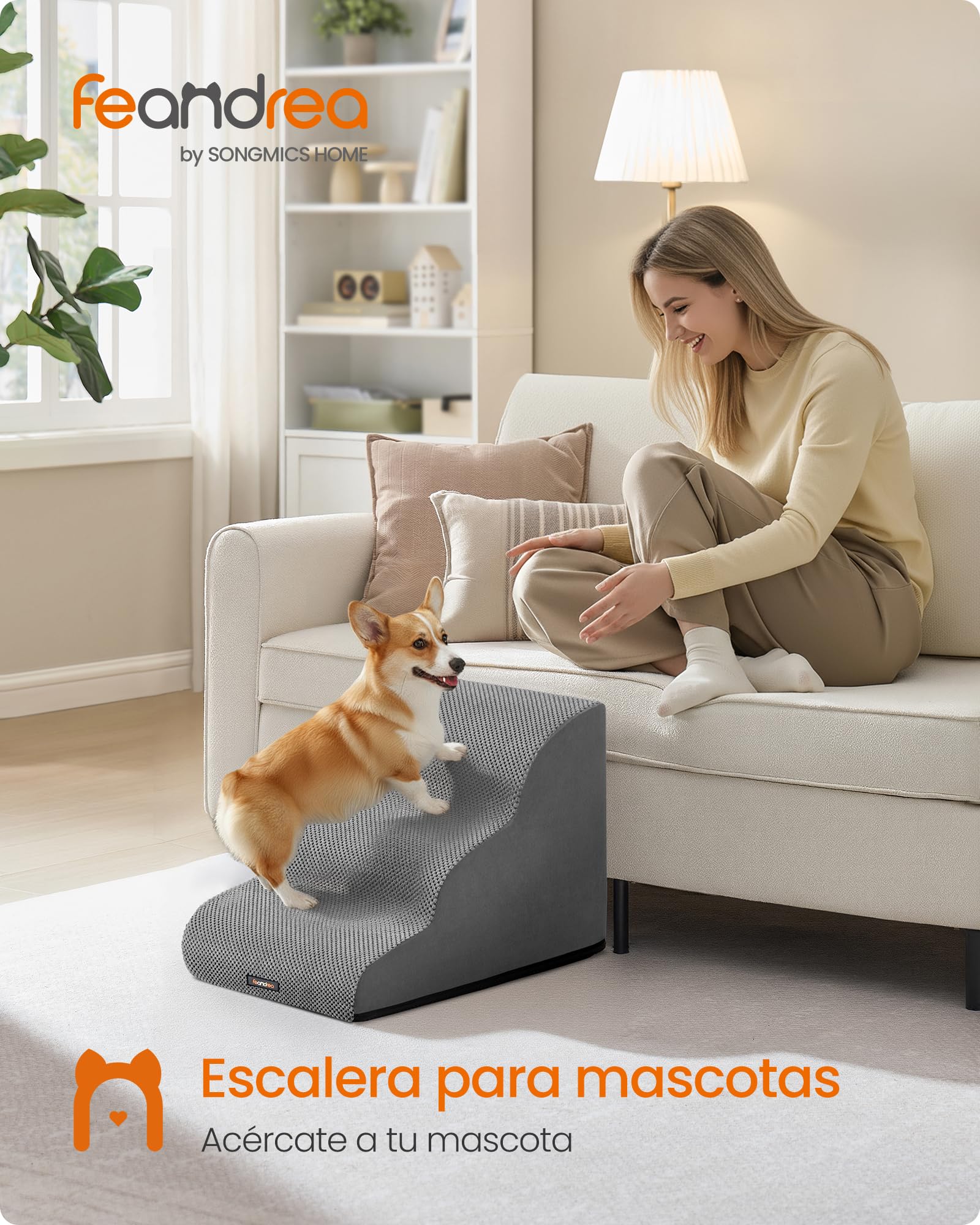 Feandrea Escalera para Perros de 3 Peldaños, Terciopelo Gofrado, para Cama, Sofá, Impermeable con Diseño Antideslizante, Pendiente Suave, Cubierta Lavable Extraíble, Asa, Gris Paloma PPS013GD01