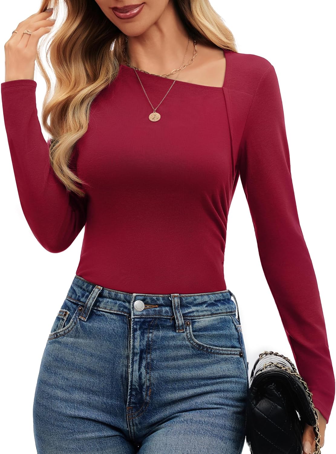 Asymmetrical Tops for Women Fitted Long Sleeve Shirts Ruched Sexy Going Out Date Night Shirts 2026 Fall