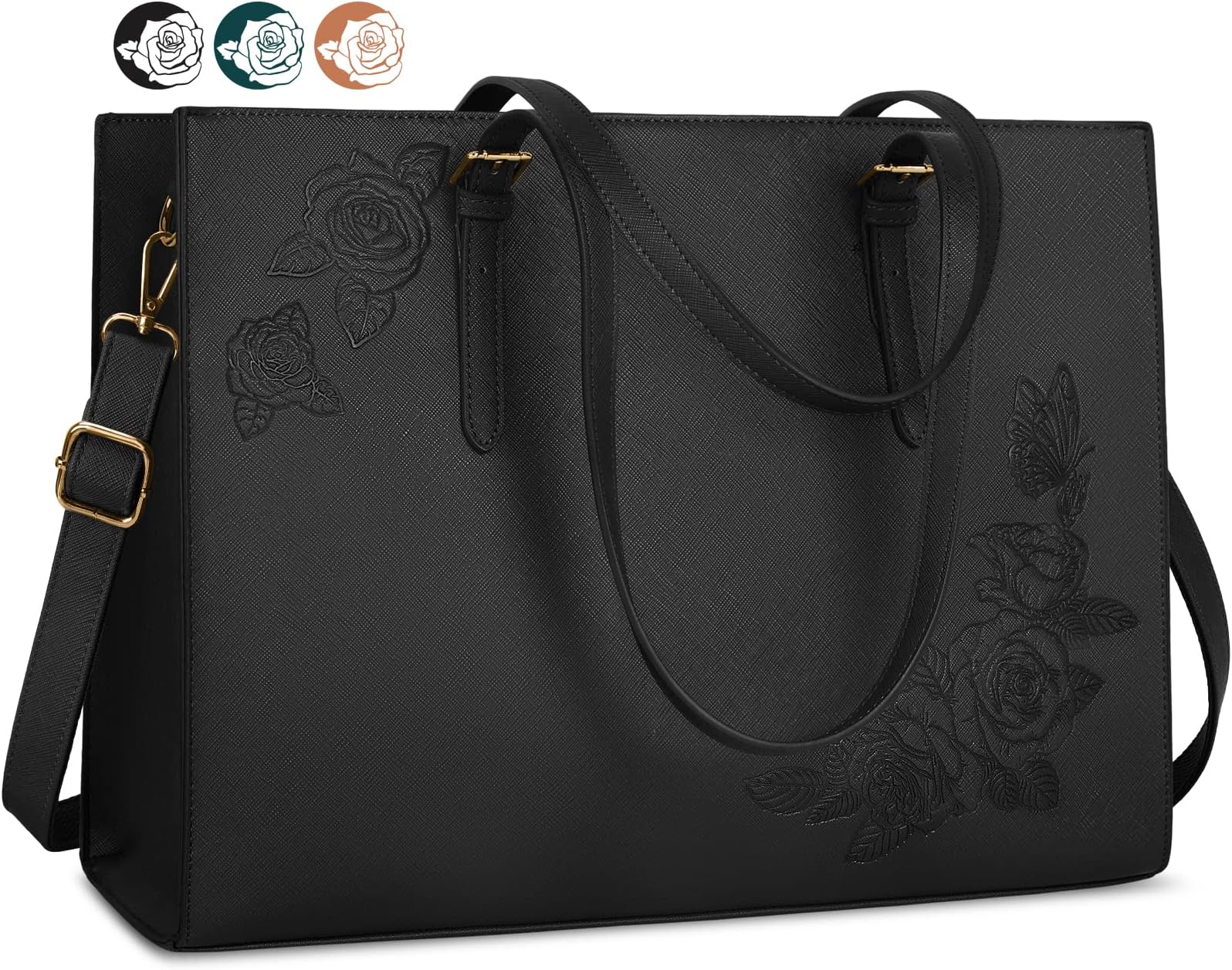 Laptop Bag for Women 15.6 Inch Laptop Tote Bag Leather Waterproof Work Bags Professional Business Office Computer Briefcase Large Capacity Shoulder Bag Black