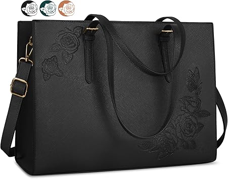 Laptop Bag for Women 15.6 Inch Laptop Tote Bag Leather Waterproof Work Bags Professional Business Office Computer Briefcase Large Capacity Shoulder Bag Black
