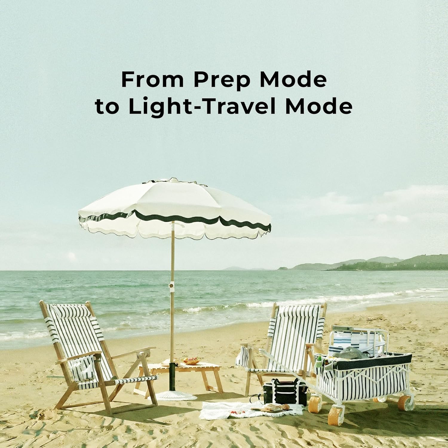 Beach Wagon for Sand with 6.7" Fat Tires, Foldable Beach Cart for Beach & Camping, Large Capacity Easy-Pull Wagon, Heritage Navy Stripe