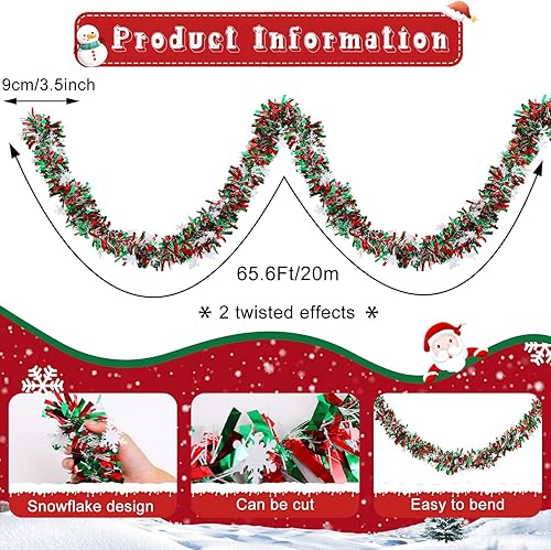 Miniatura 2 de Guirnalda de oropel metálica de Navidad de 65.6 pies con cinta roja verde y copo de nieve, decoraciones de oropel colgante para árbol de Navidad,