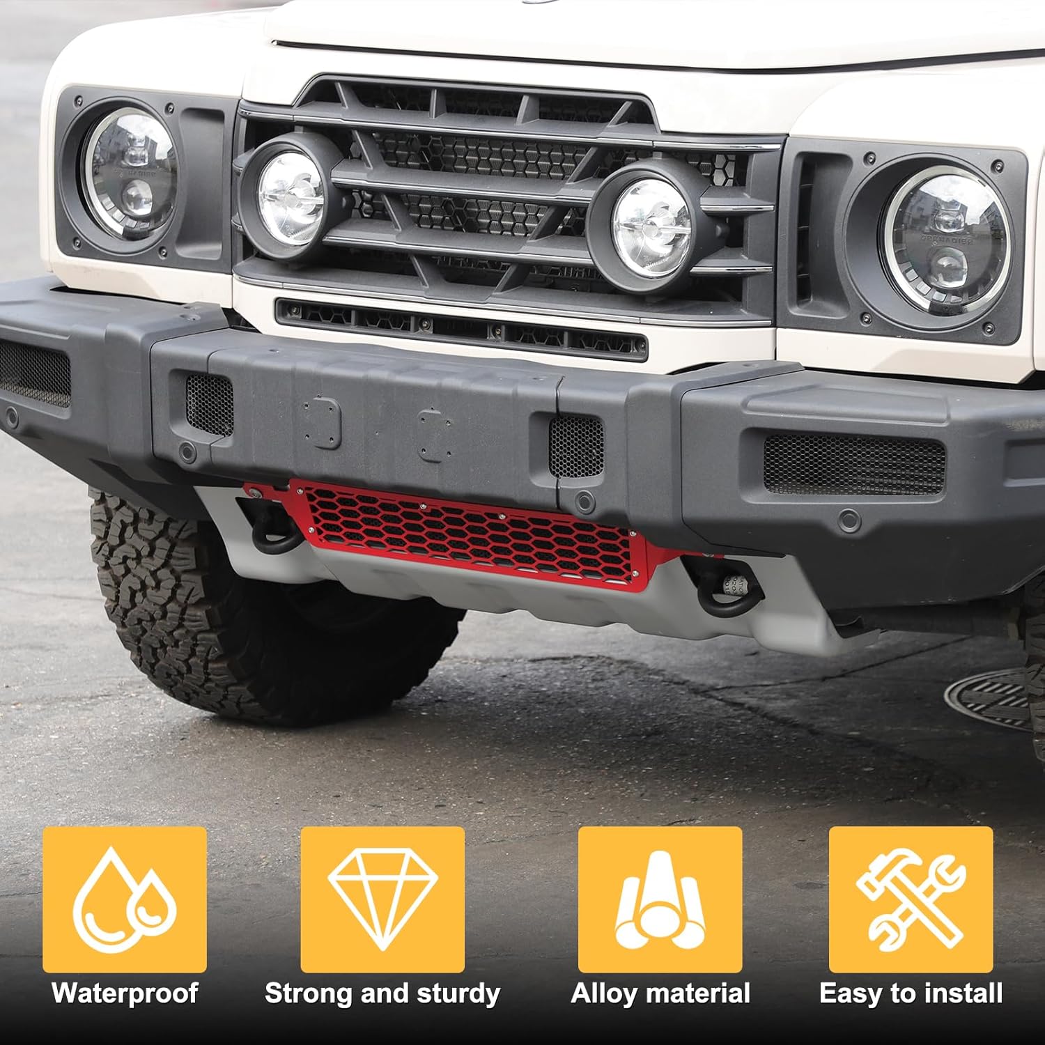 Car Front bumper Lower Grille proof net Compatible with Compatible with Ineos Grenadier 2020-2025 Front Insect Net Car Screenning Grill Mesh Protection Cover Accessories (carbon steel,Red)