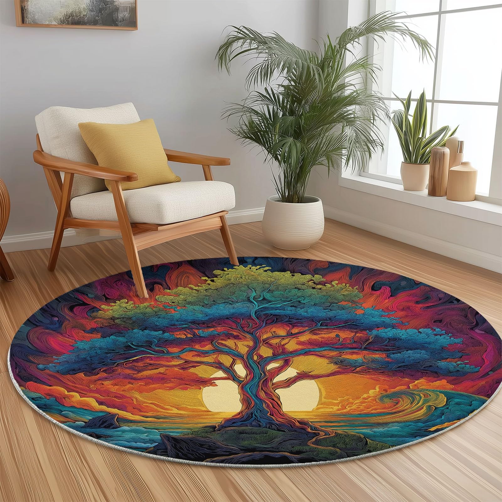 Tapis rond arbre onirique flanelle coloré pour habiller le balcon