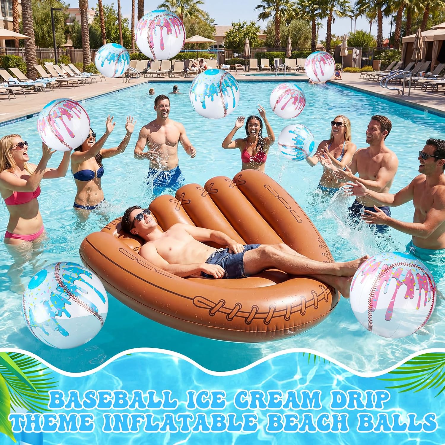 Seenelling 12 Pack Beach Balls, 10'' Baseball Ice Cream Drip Party Favors, Ice Cream Baseball Themed Inflatable Ball for Summer Swimming Pool Birthday Holiday Outdoor Decoration(Stylish)