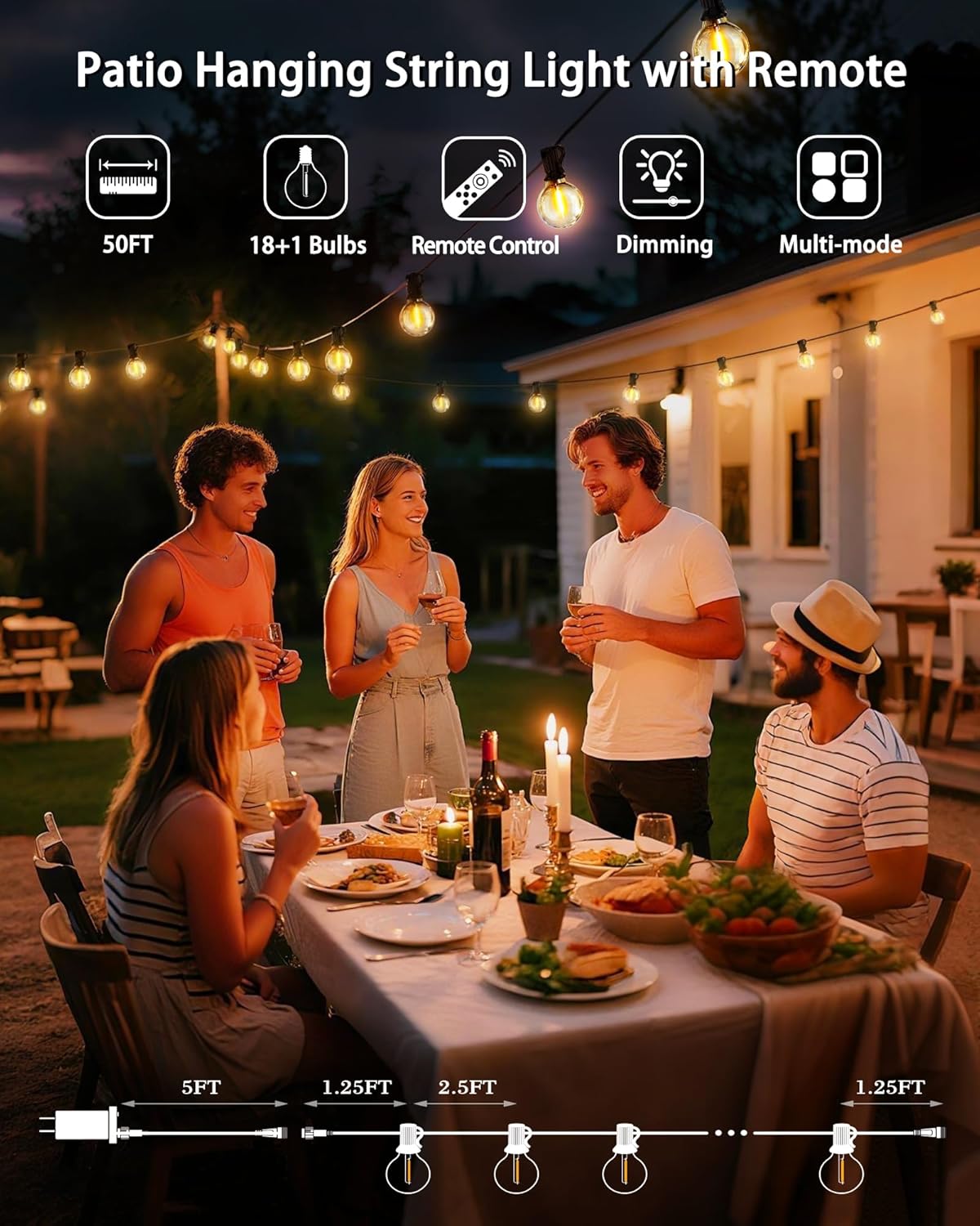 Outdoor Patio String Lights Waterproof with Remote, 50FT 18+1 G40 Edison LED Shatterproof Bulbs Hanging Outside Light for Backyard, Porch, Deck, Balcony, Garden