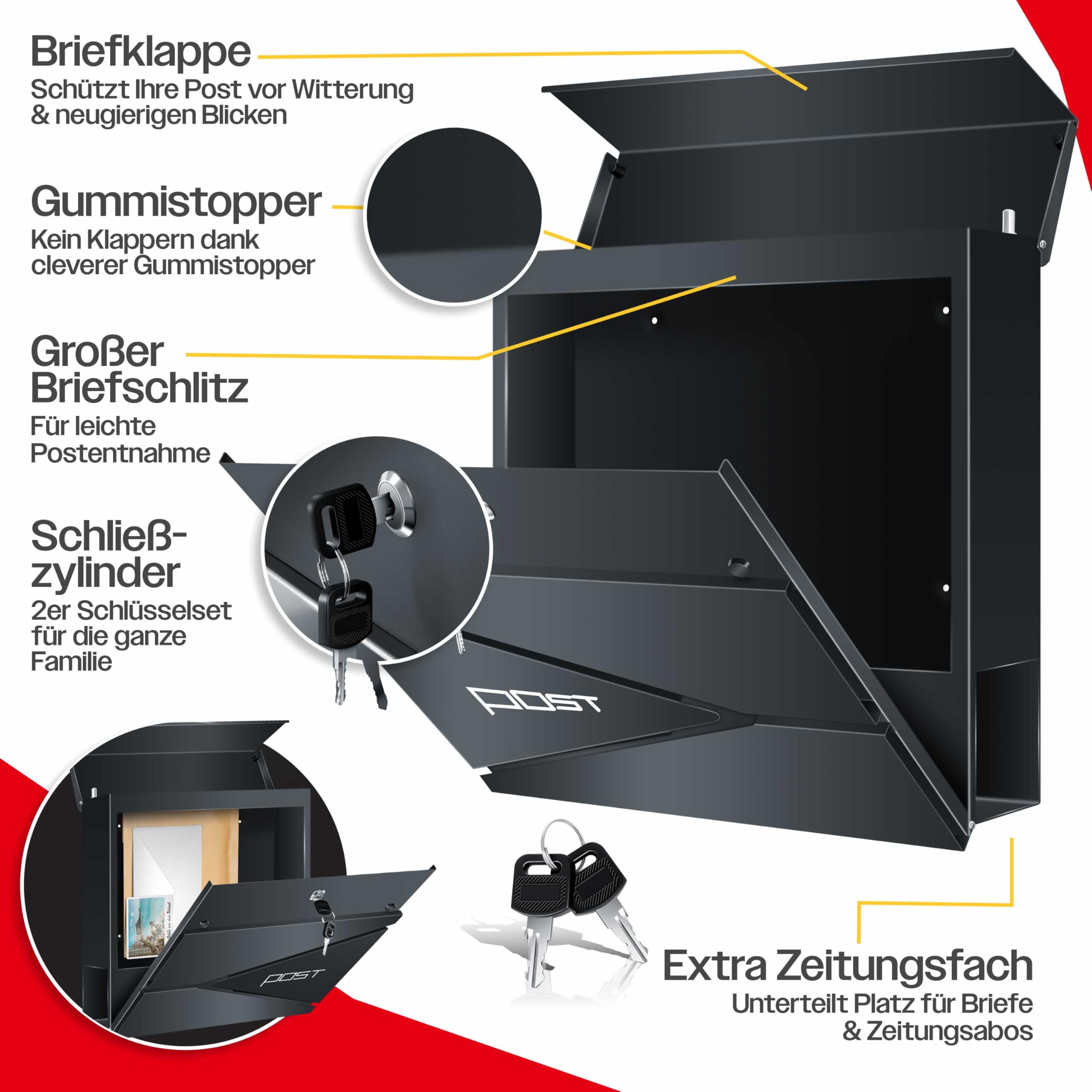 KESSER® Boîte aux Lettres Murale en Acier Inoxydable avec Compartiment à journaux, 2 clés verrouillables, boîte aux Lettres Moderne avec matériel de Montage, Couvercle Softclose, Anthracite argenté