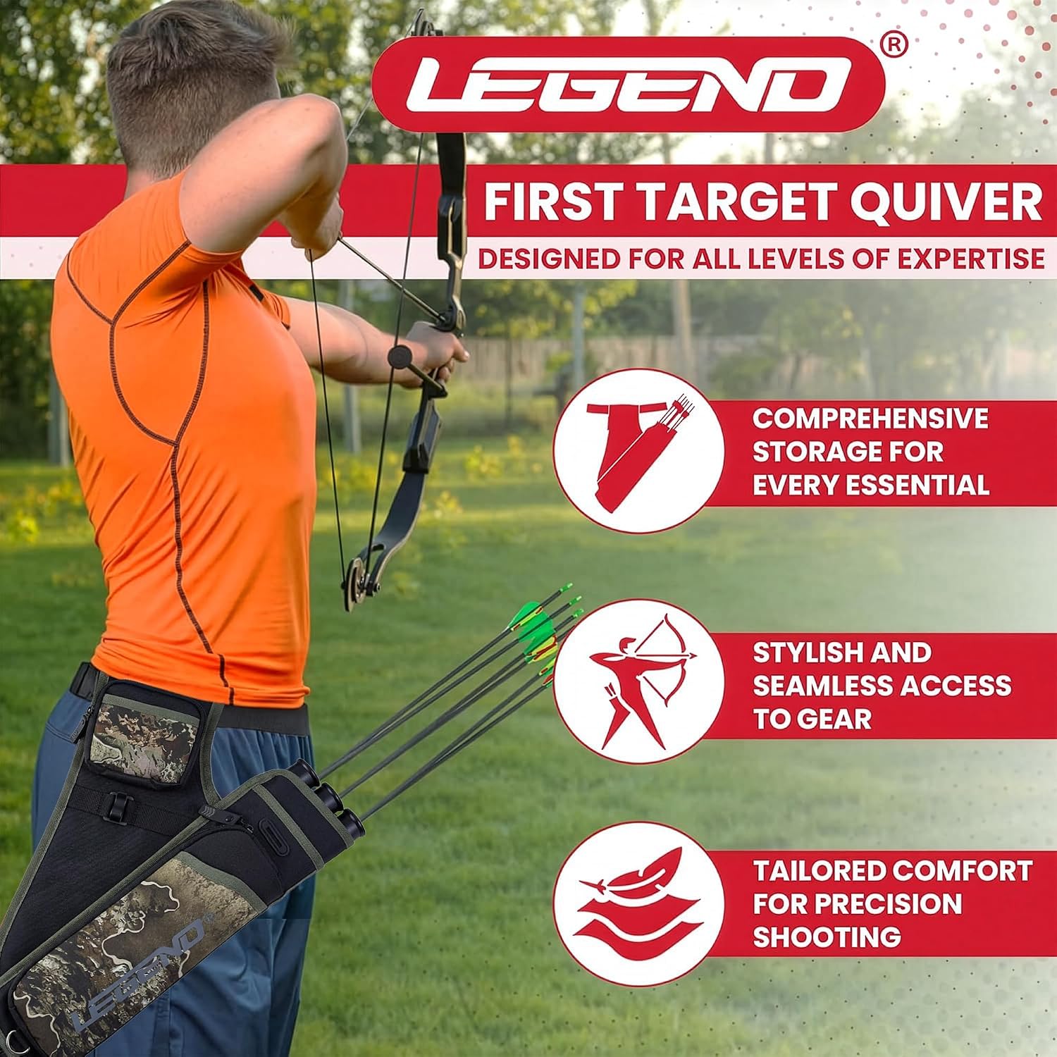LEGEND First Archery Quiver Case for Arrows - Target Shooting Hip Quivers with Adjustable Belt & 3 Arrow Tubes - Durable Nylon Material with T-Slot & Storage Pockets for Accessories, Tools, Score Card