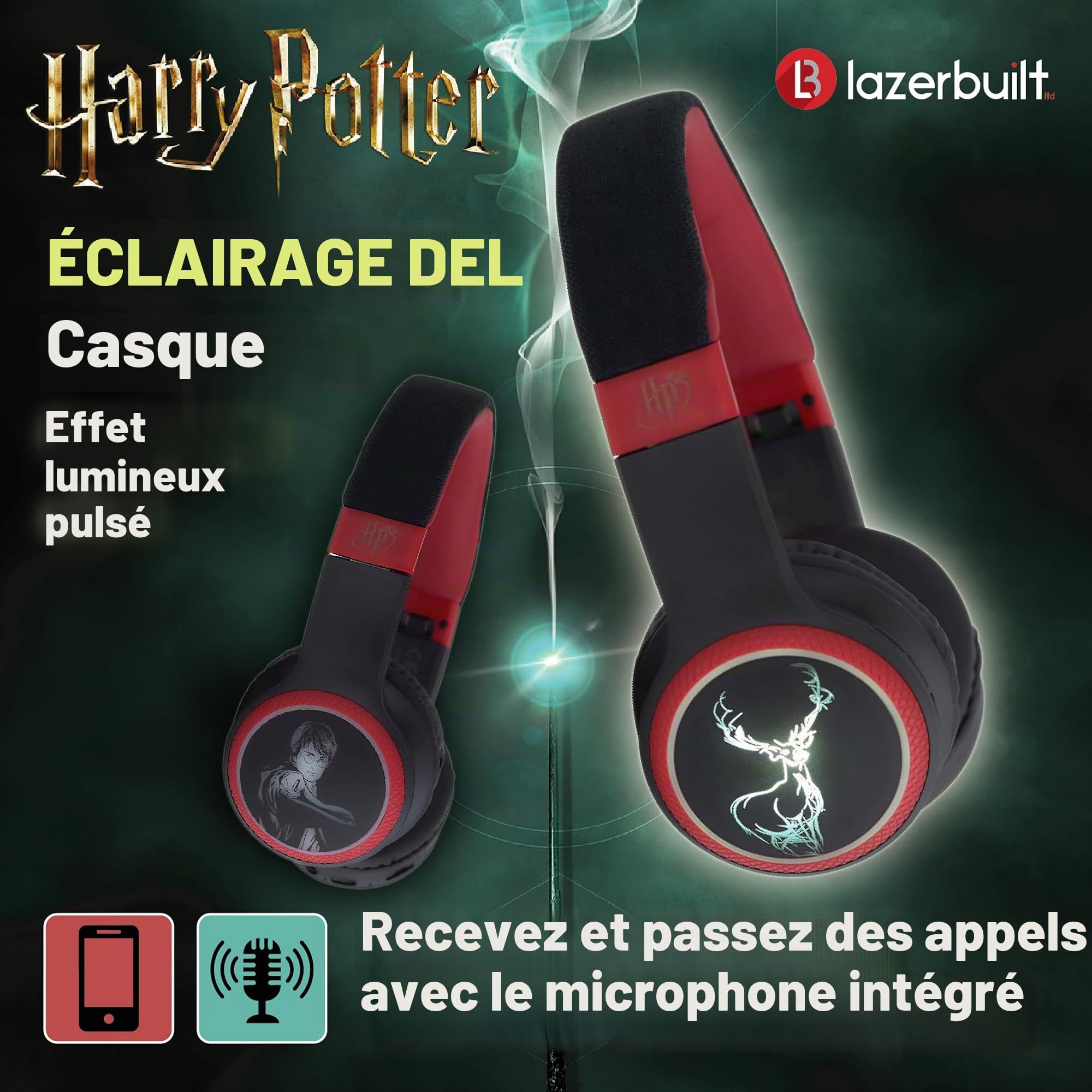 Harry Potter Casque Bluetooth et Filaire Lumineux 2 en 1 avec Bandeau réglable et Commandes d'écoute. Microphone intégré pour Passer et Prendre des appels téléphoniques.