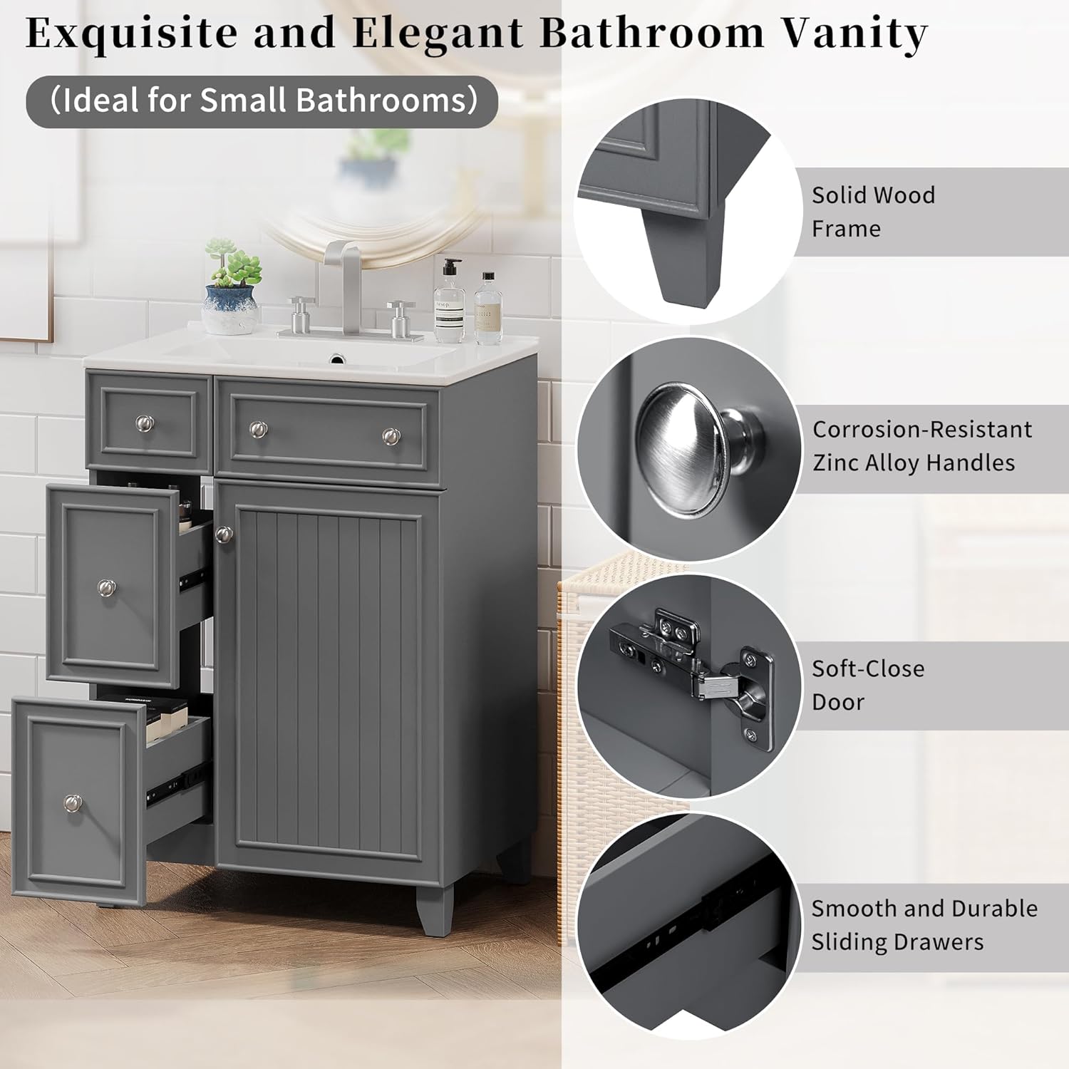 Harper & Bright Designs 24" Bathroom Vanity with Sink, Free Standing Single Basin Vanity Set with Two Drawers and One Door, Modern Solid Wood Bathroom Cabinet with Ceramic Basin for Bathroom, Grey