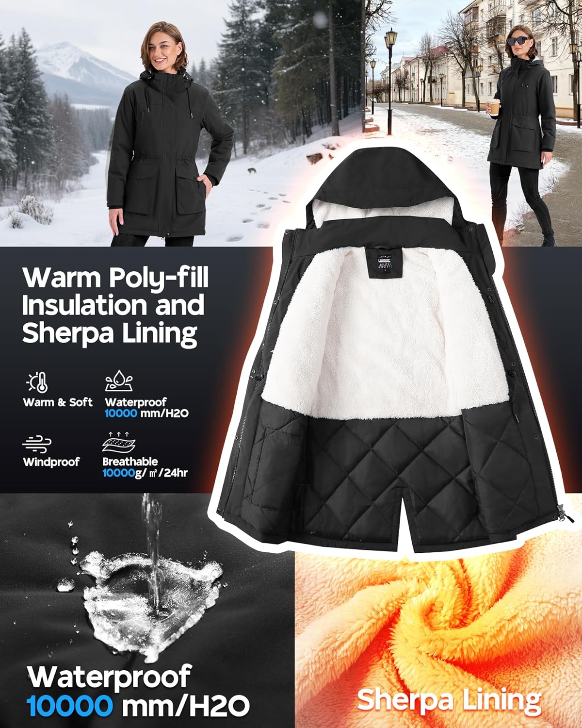 Outdoor Ventures Women's Waterproof Fleece Lined Winter Coat Parka Removable Hood Warm Long Insulated Thicken Puffer Jacket - Image 3