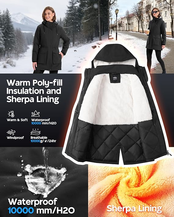 Outdoor Ventures Women's Winter Coat Waterproof Fleece Lined Hooded Parka