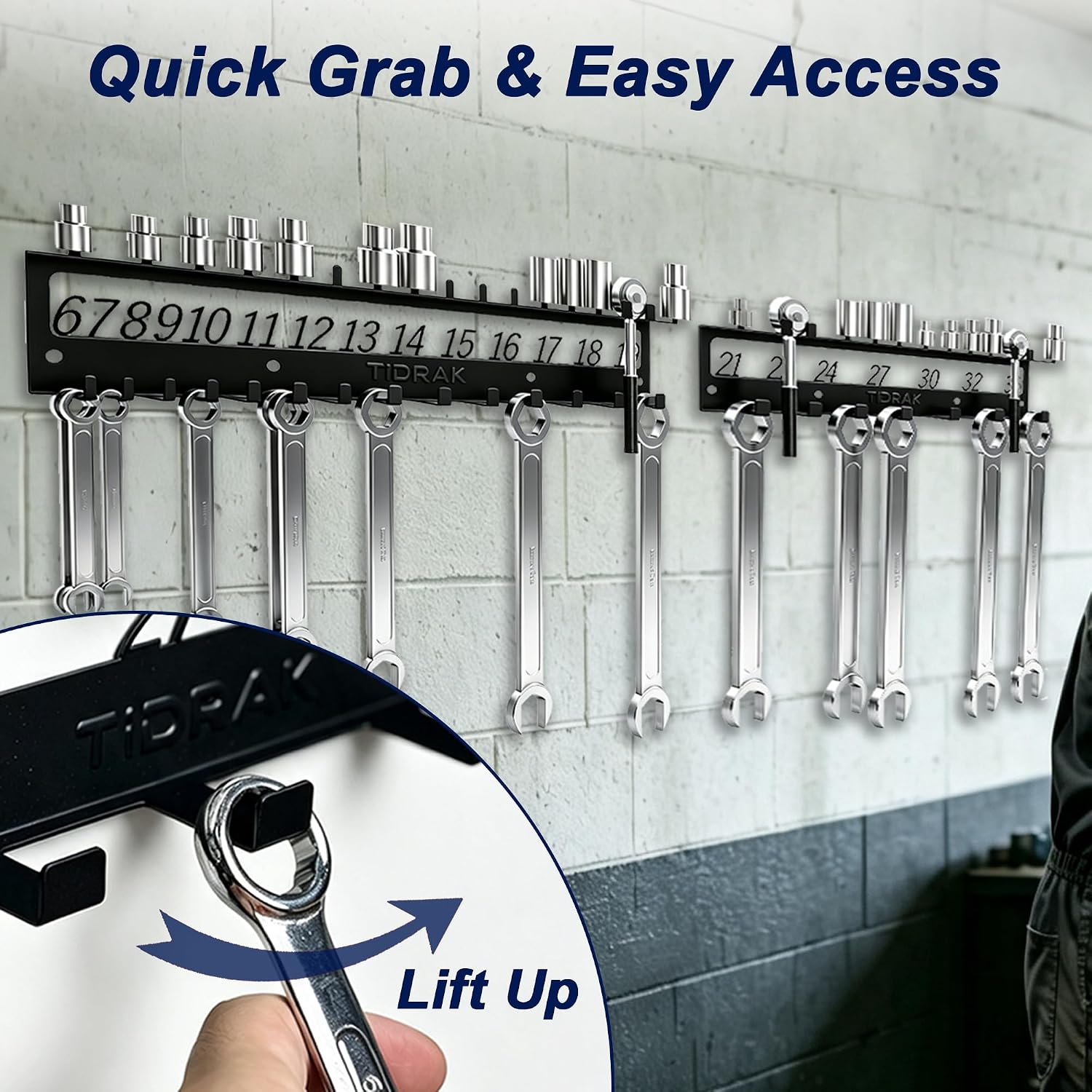 Metal Wrench & Socket Organizer, Dual-Layer Rack with Labels, 2Pcs | Fits 6-32mm, 21 Hooks, Garage/Workbench/Toolbox Use, Practical Gift for Dad, Brother & Boyfriend