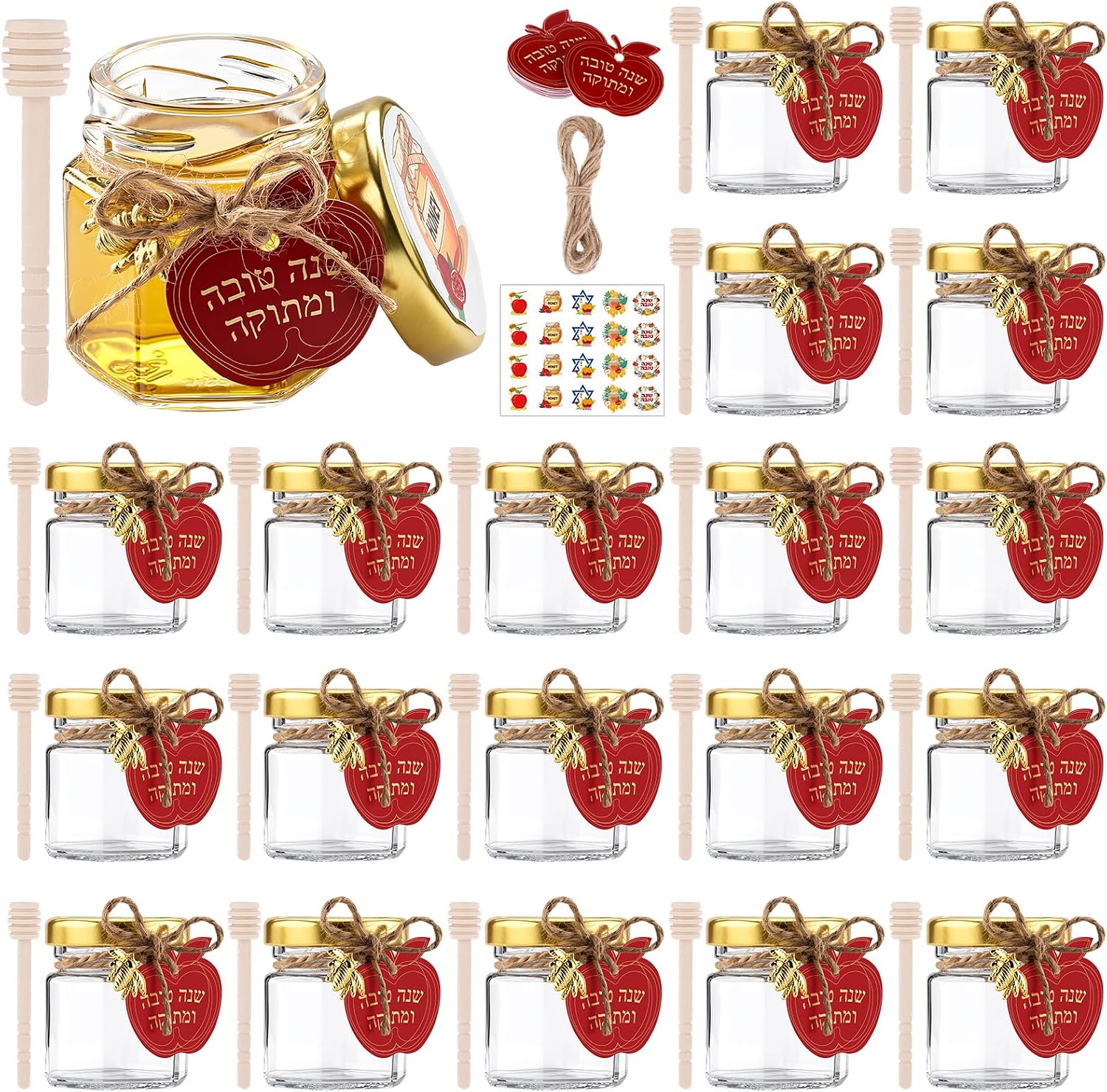 20 Pack Rosh Hashanah Honey Jar Favors, 1.5 oz Mini Hexagon Glass Jars | Rosh Hashanah Glass Honey Jars Dipper Bee Pendants Tags Stickers Twine Honey Jars Party Favors Jewish New Year Party Gifts