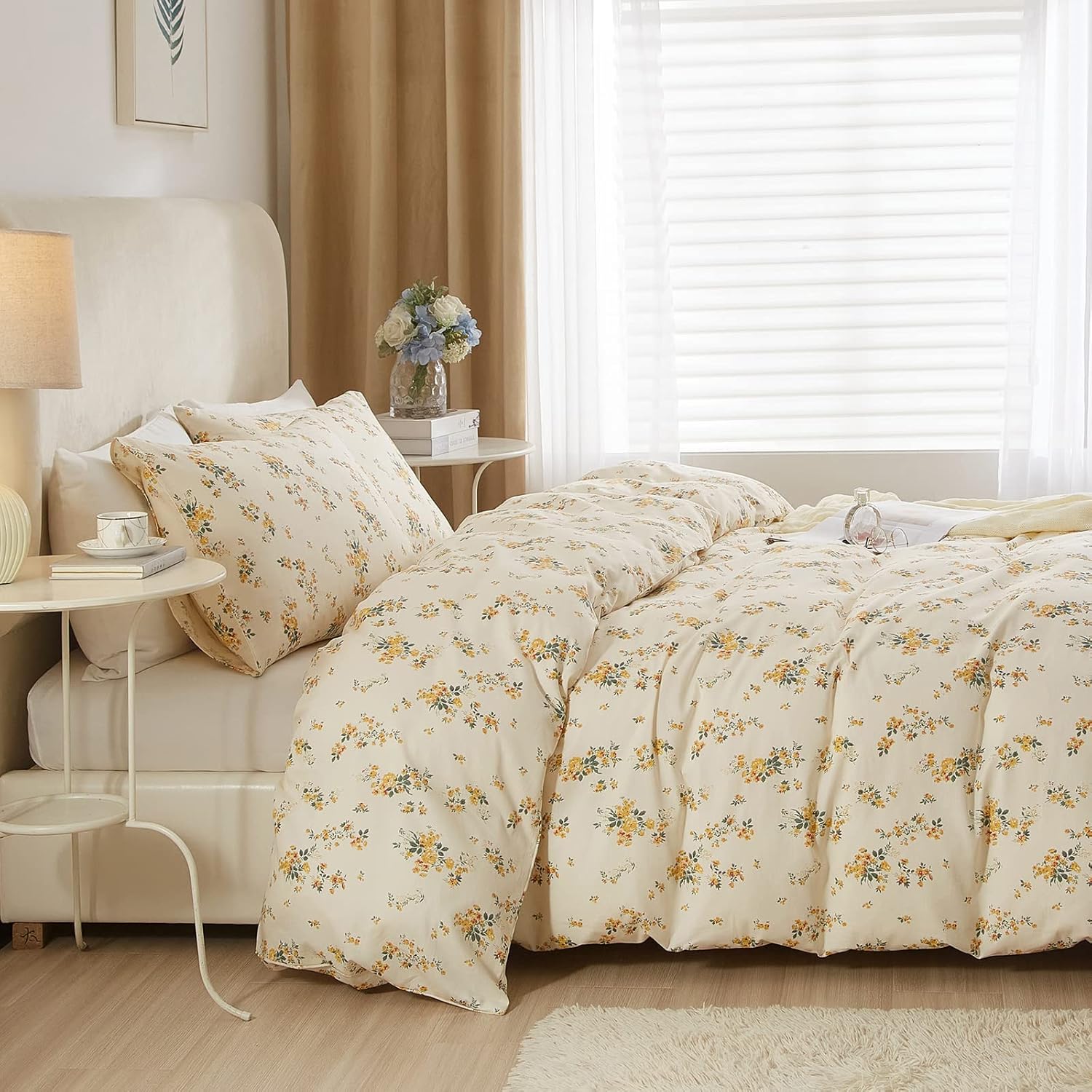 EAVD Vintage Style Garden Yellow Floral Comforter Set Queen White Soft Microfiber Chic Rose Floral Bedding Set with 2 Pillowcases Reversible Botanical Comforter Set for All-Season - Image 6