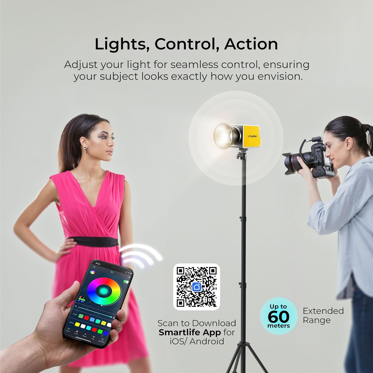 Image showing a smartphone with Smartlife app controlling the Digitek DCL-100 WBC LED light