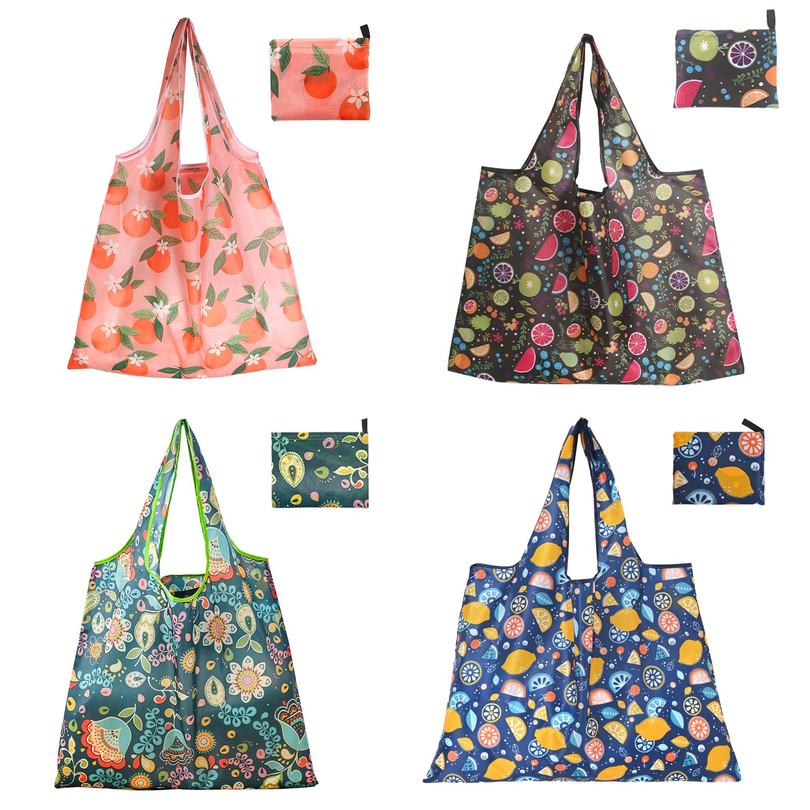 DXMWWTP 4 Pack Foldable Reusable Shopping Bags,Tote Bags,Travel Grocery Bags with Hook in Pocket for Daily Shopping Supplies load