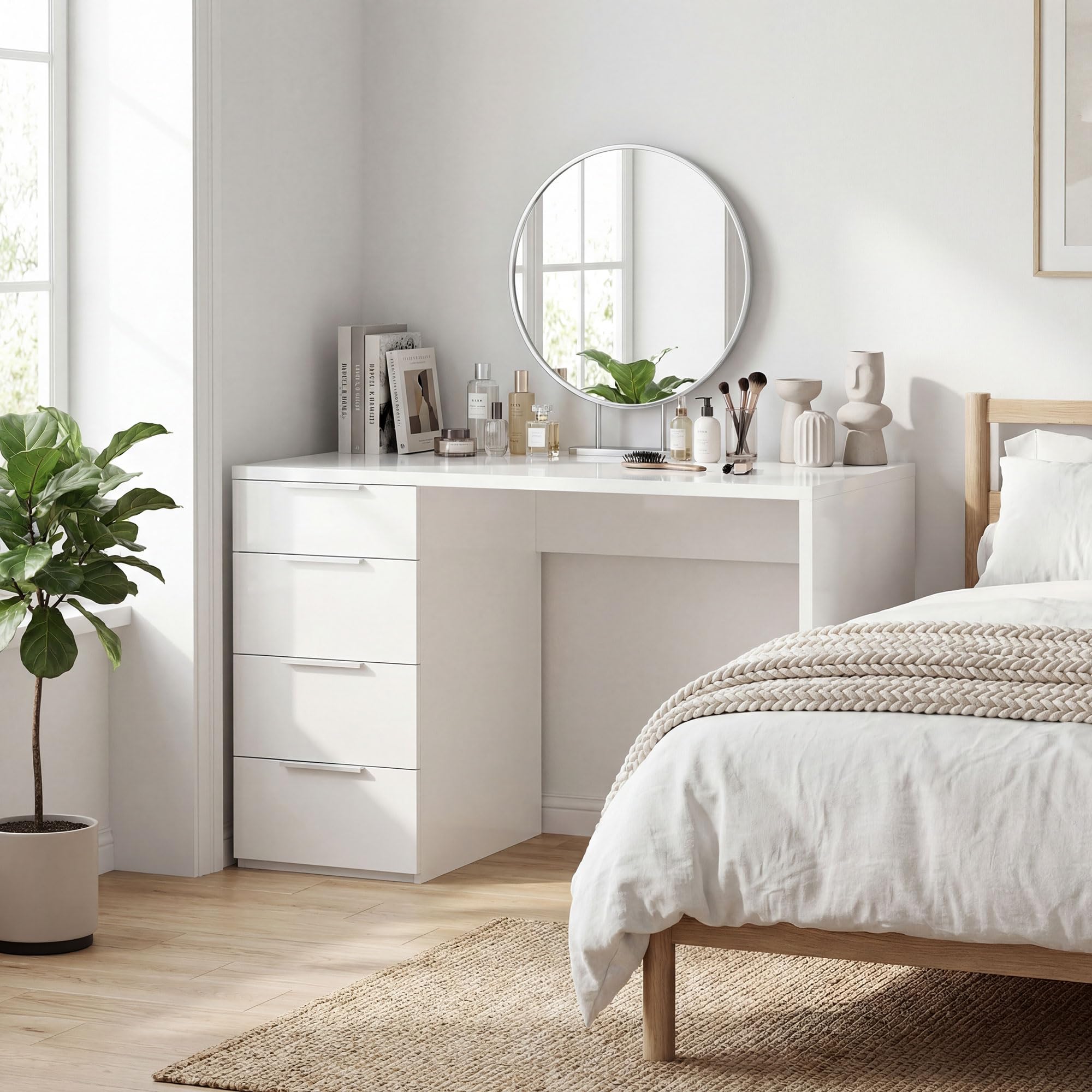 HOMCOM Scrivania Salvaspazio con 4 Cassetti 110x61.5x75 cm Bianco Lucido | Scrivania Moderna, Tavolo Computer, per Casa Studio Camera Ufficio