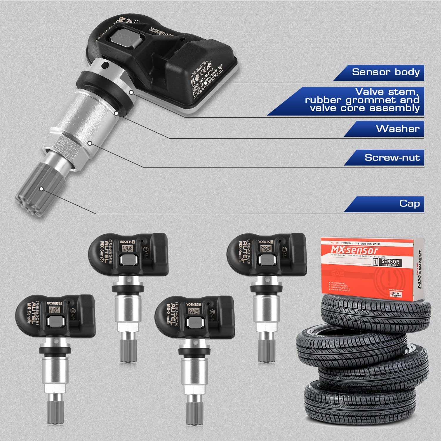 Autel TPMS MX-Sensor, Sensor Reemplazo Neumáticos Doble Frecuencia para Todos Coches, Idéntico al Sensor OE, Sensor Sistema Monitoreo Presión Clonable al 100% (Válvula Metal, 4 Piezas)