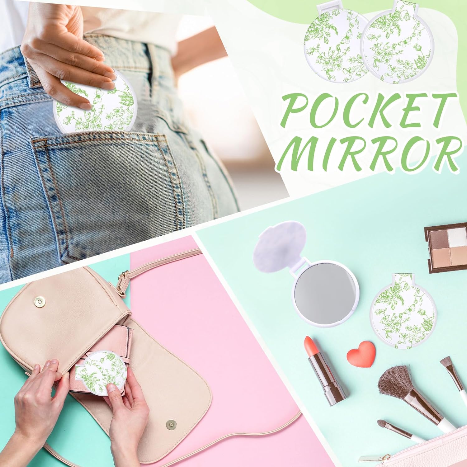 24 Pcs Floral Small Compact Mirrors Bulk for Women Mini Pocket Mirrors Purse Travel Makeup Portable Folding Glass Gift for Wedding Guest Bridal Shower Birthday Party Favor (Green) - Image 6
