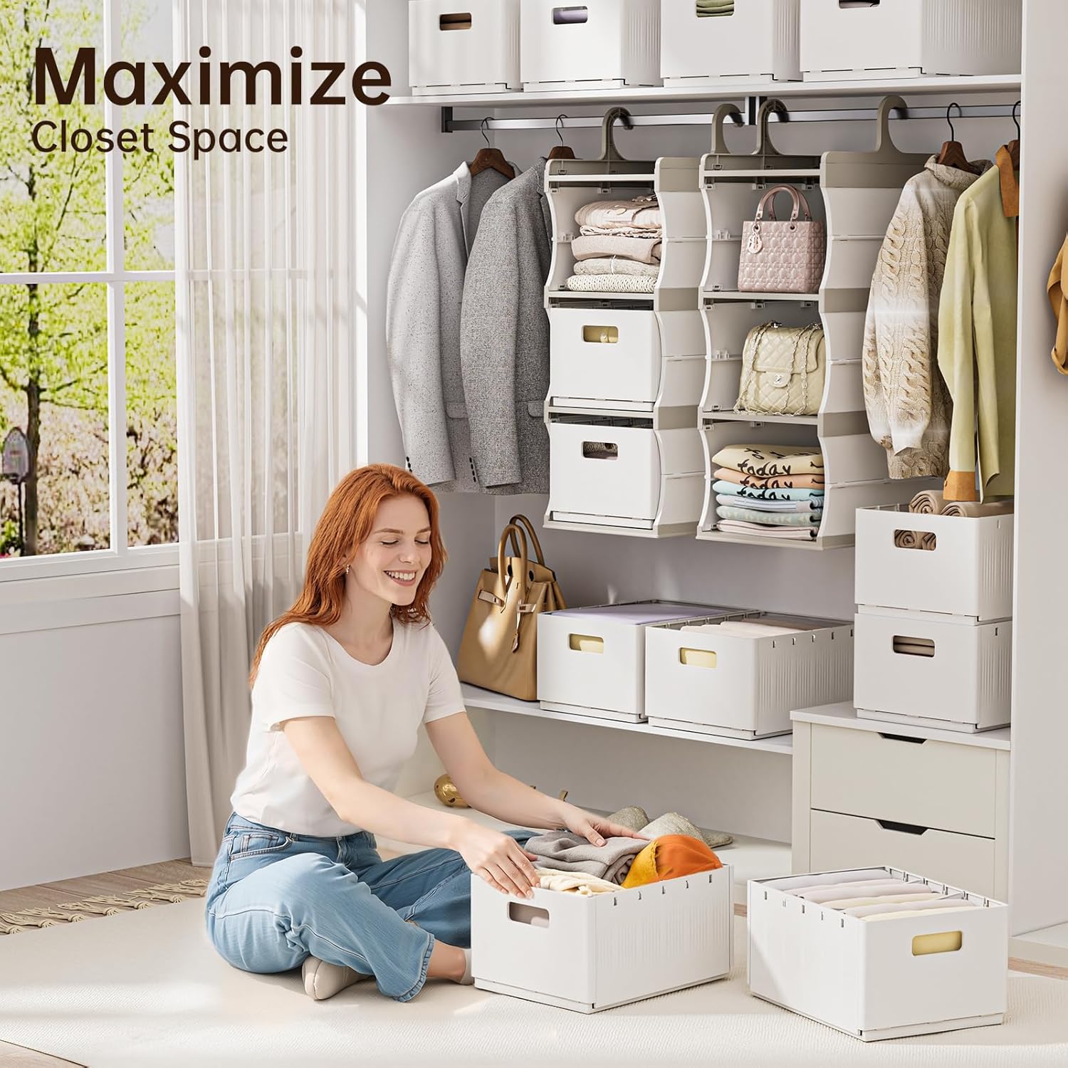 HAIXIN 3-Shelf Hanging Closet Organizer with 3 Removable Drawer & 6 Dividers, Plastic Hanging Shelves Foldable Closet Organizer and Storage Drawer for Bedroom, Wardrobe, Garment Racks, RVs