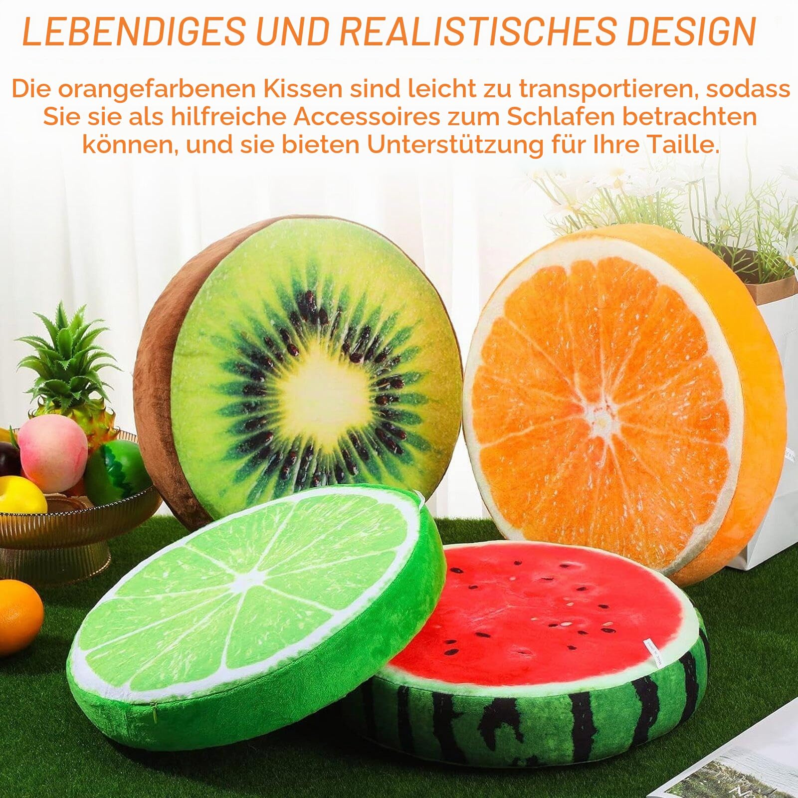 4 Stück Runde Fruchtkissen, Gefüllte Dekokissen 3D Wassermelone Kiwi Orange Zitrone Sitzkissen Dekorativ Kissen Für Schlafzimmer, Wohnzimmer, Büro