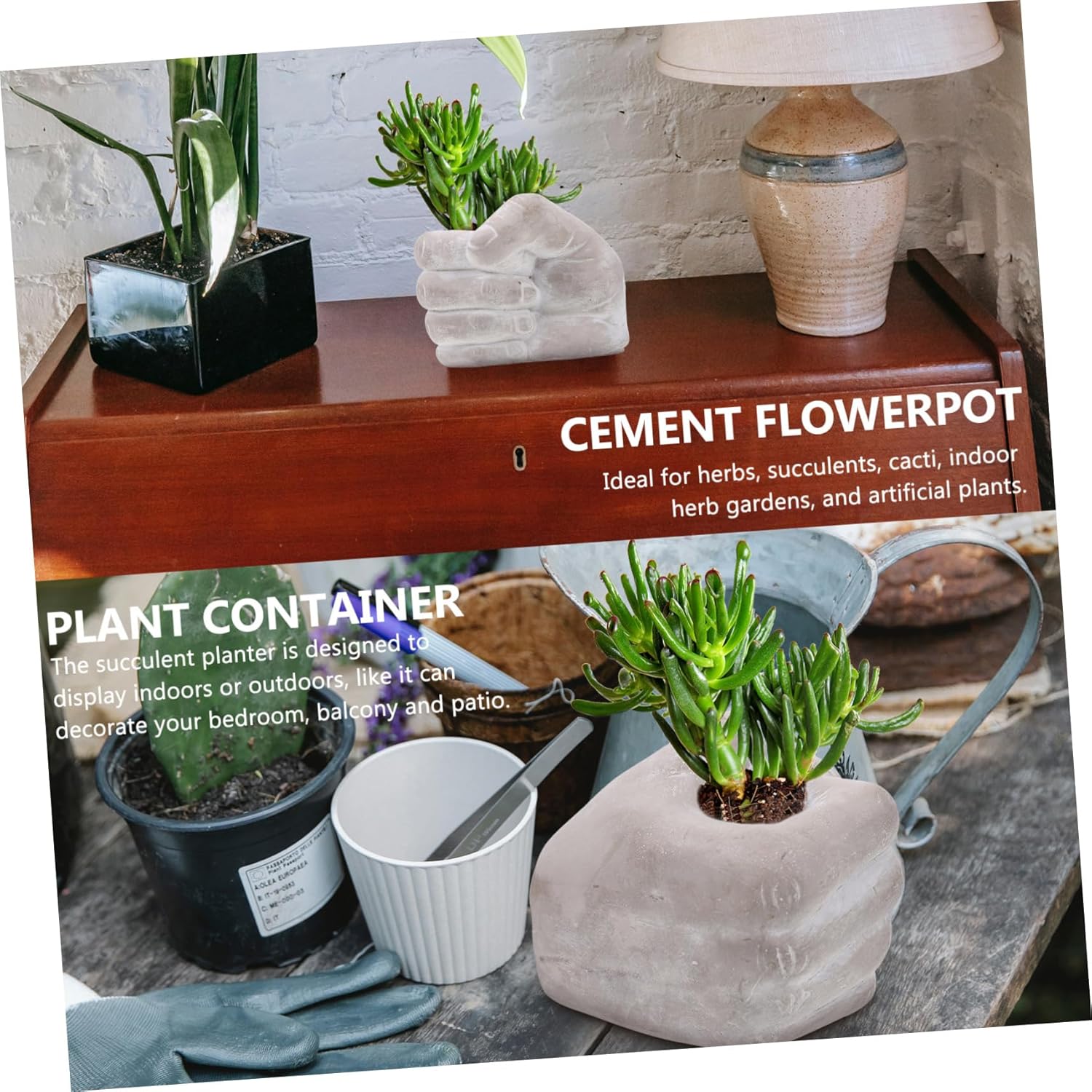 Creative Cement Flower Pot Palm Shape Planter for Indoor and Outdoor Decor Vintage Style Planter for Cacti and Indoor Gardens Right