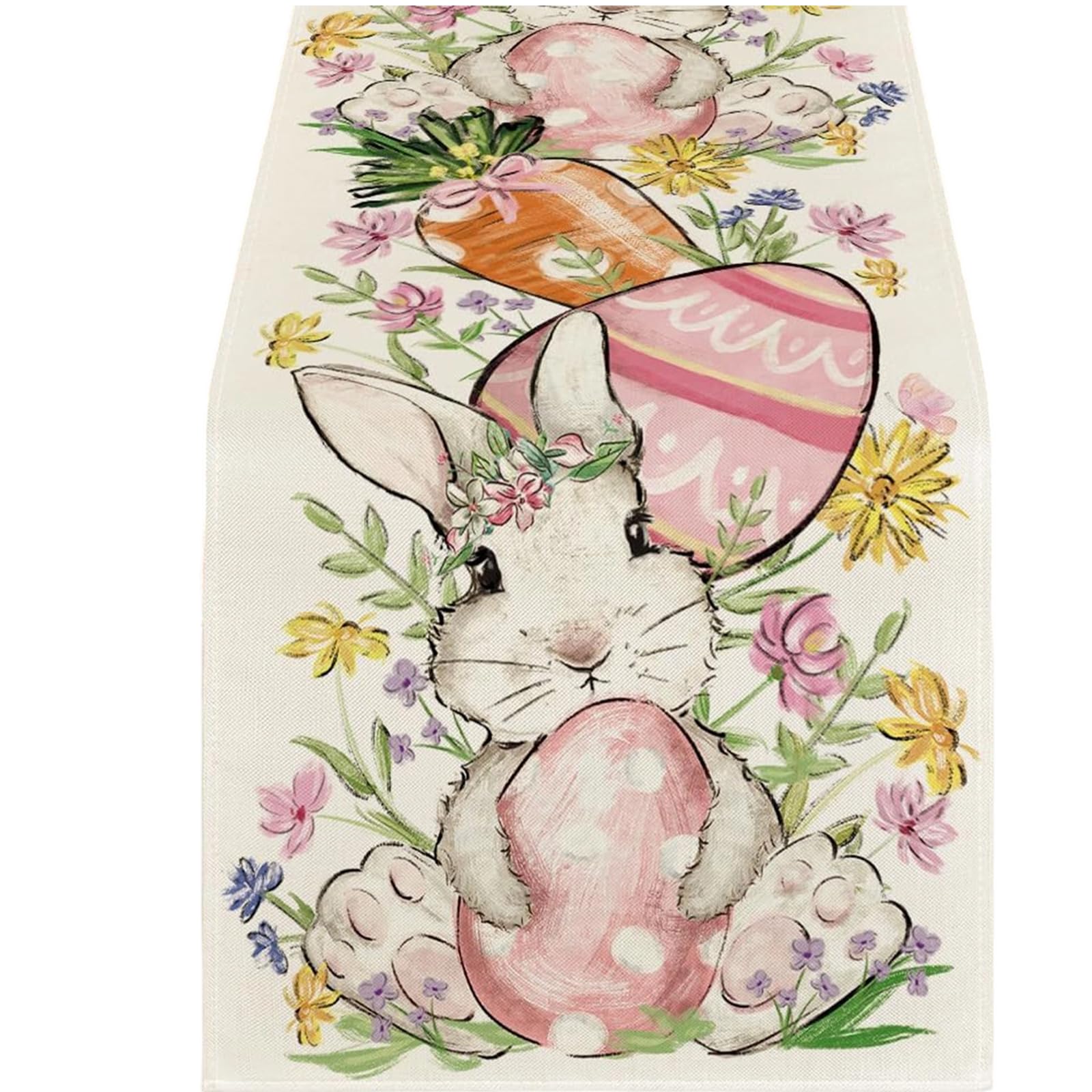 Jazuaiao Table Scarf Easter Rabbits Eggs Pattern Rectangular Washable Table Runner for Spring Decorations and Home Styling Farmhouse Linen Easter Eggs Bunnies Tablecloth Washable Rectangular Runner
