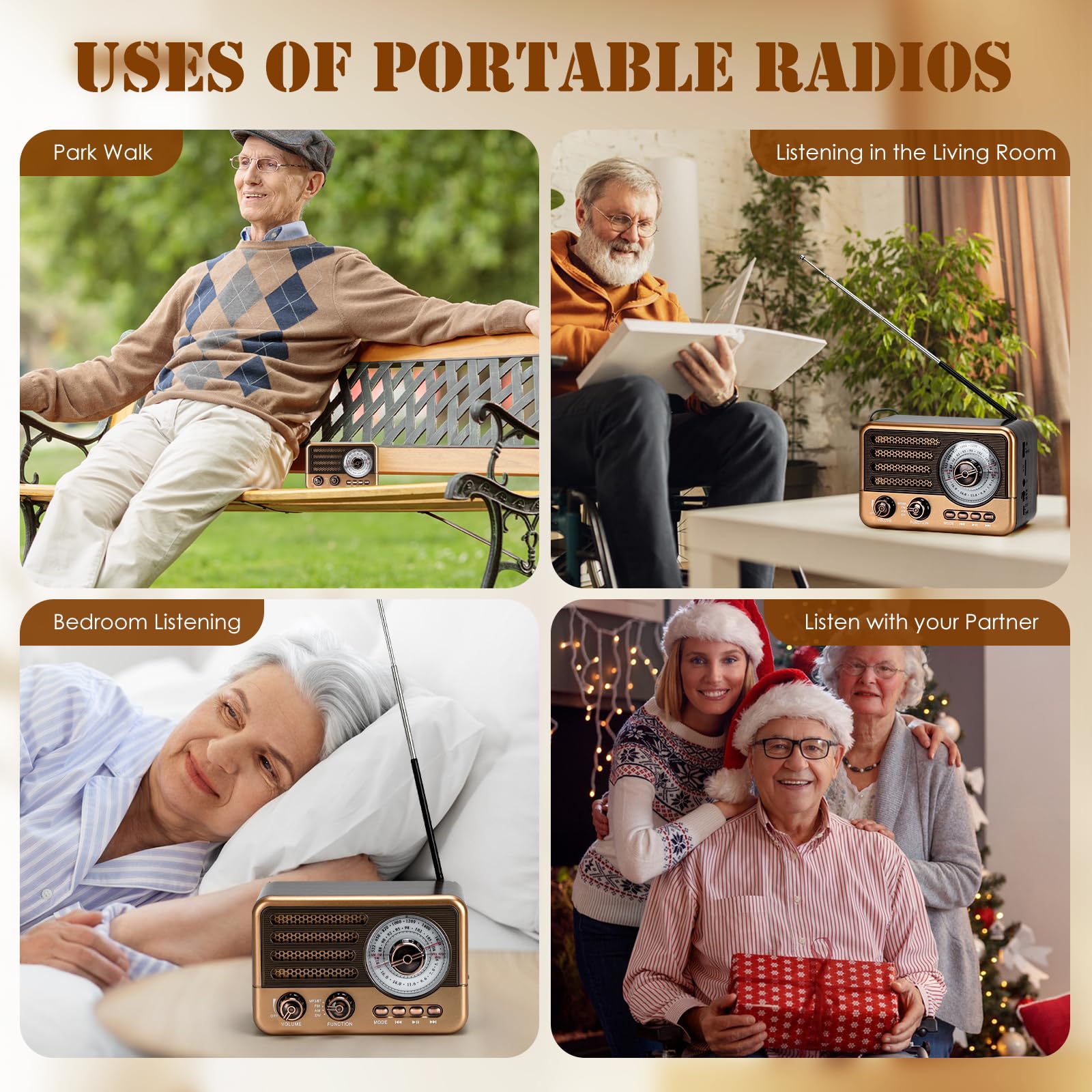 3-Band tragbares Radio mit Bluetooth, MP3-Player, USB/TF-Wiedergabe, LED-Taschenlampe und wiederaufladbarem Akku - Handheld-Akku-betriebenes FM/AM/SW-Radio für Outdoor (Goldene)
