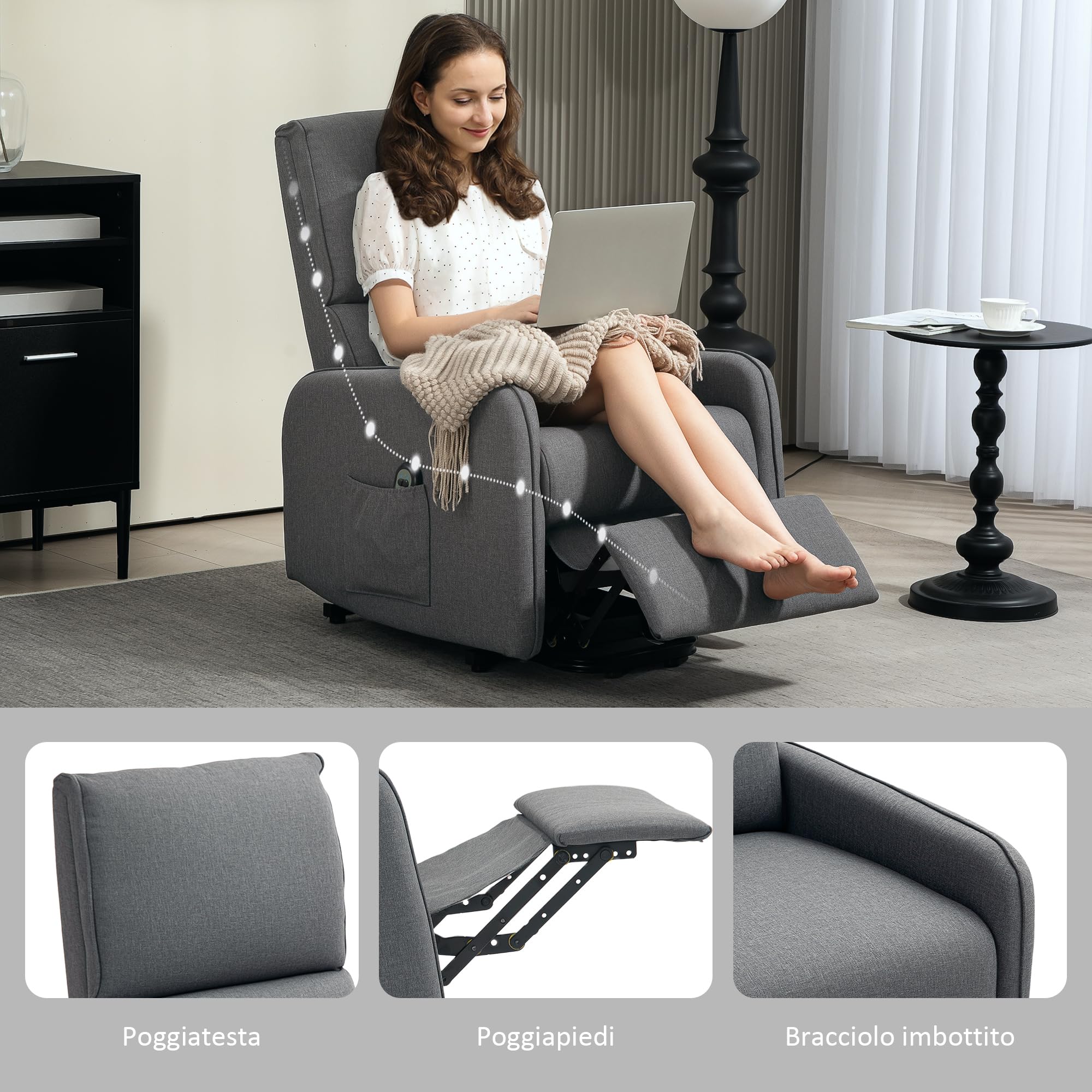 HOMCOM Poltrona Elettrica Alzapersona Reclinabile 135°, Poltrona Relax Elettrica in Tessuto Effetto Lino con Telecomando, Poggiapiedi e Tasca Laterale per Soggiorno e Camera da Letto, Grigio Carbone